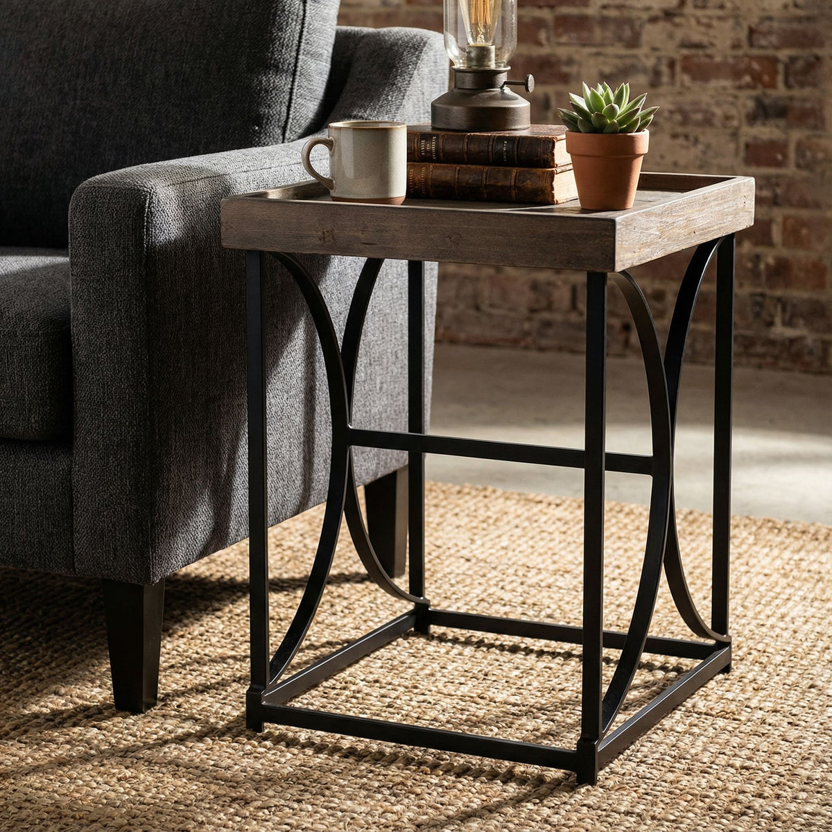 Luxe End Table in Reclaimed Wood and Black Steel, Distressed Brown