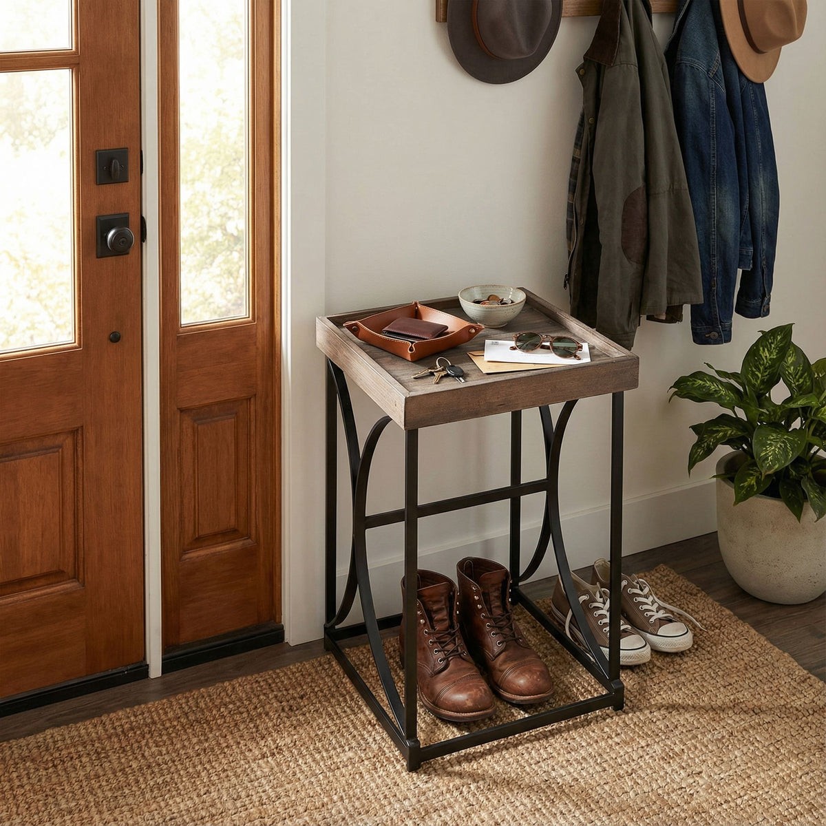 Luxe End Table in Reclaimed Wood and Black Steel, Distressed Brown