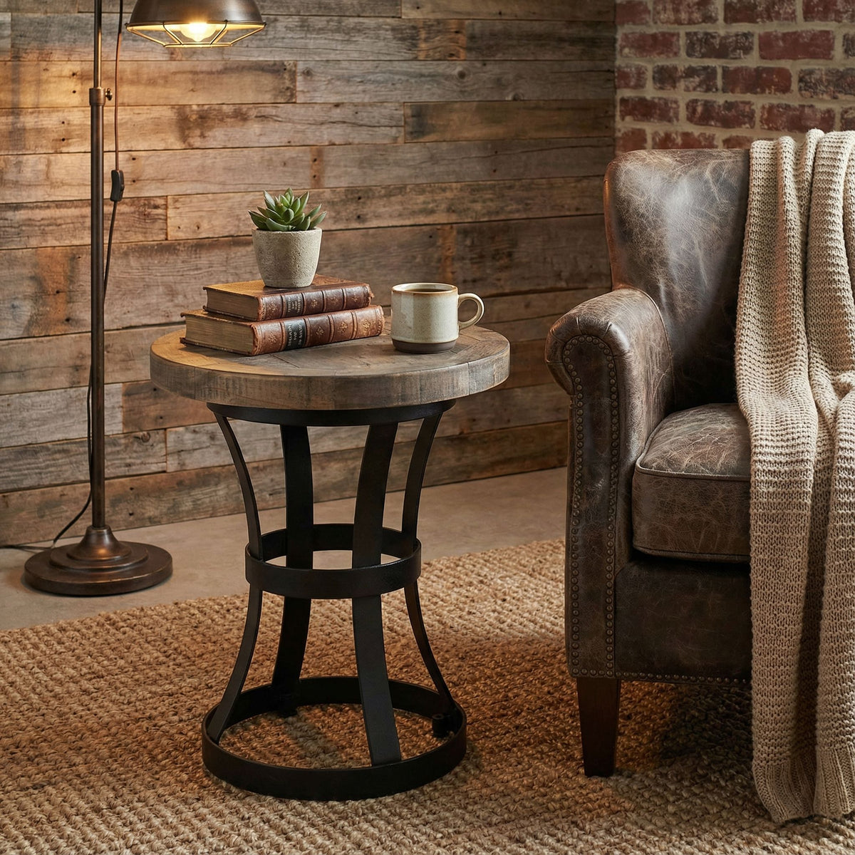 Newcastle Round End Table, Solid Reclaimed Wood and Black Metal, 18"