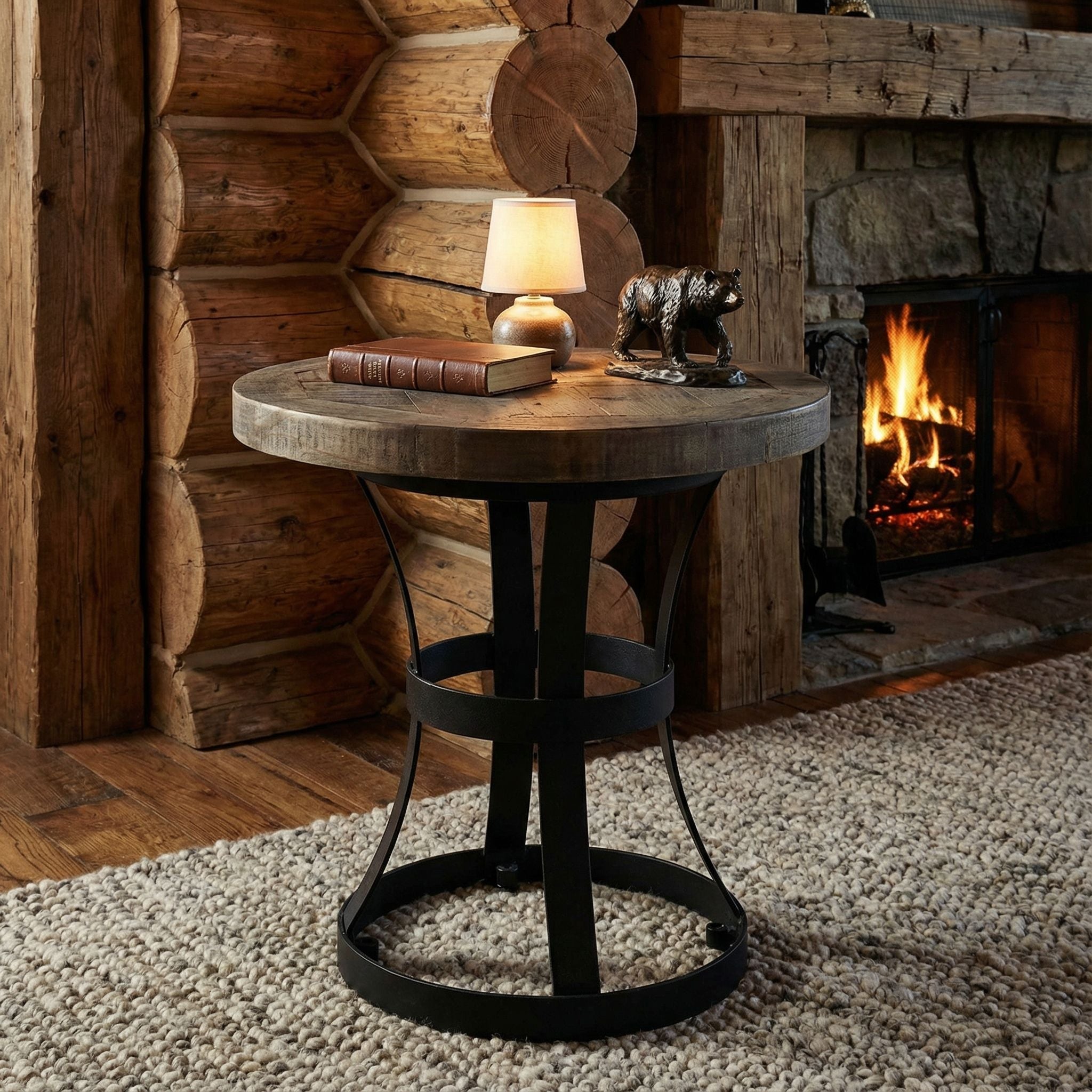 Newcastle Round End Table, Solid Reclaimed Wood and Black Metal, 18"