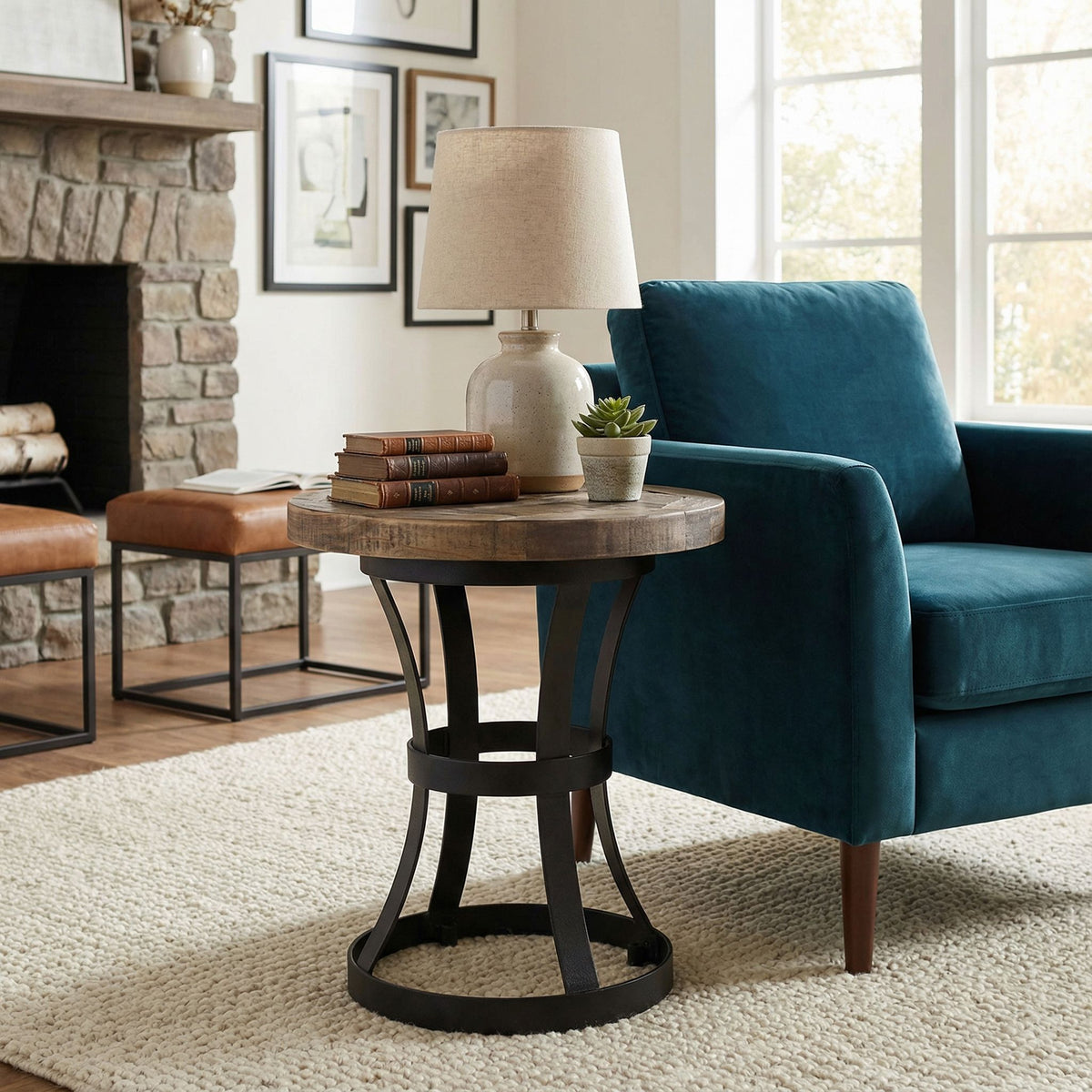 Newcastle Round End Table, Solid Reclaimed Wood and Black Metal, 18"