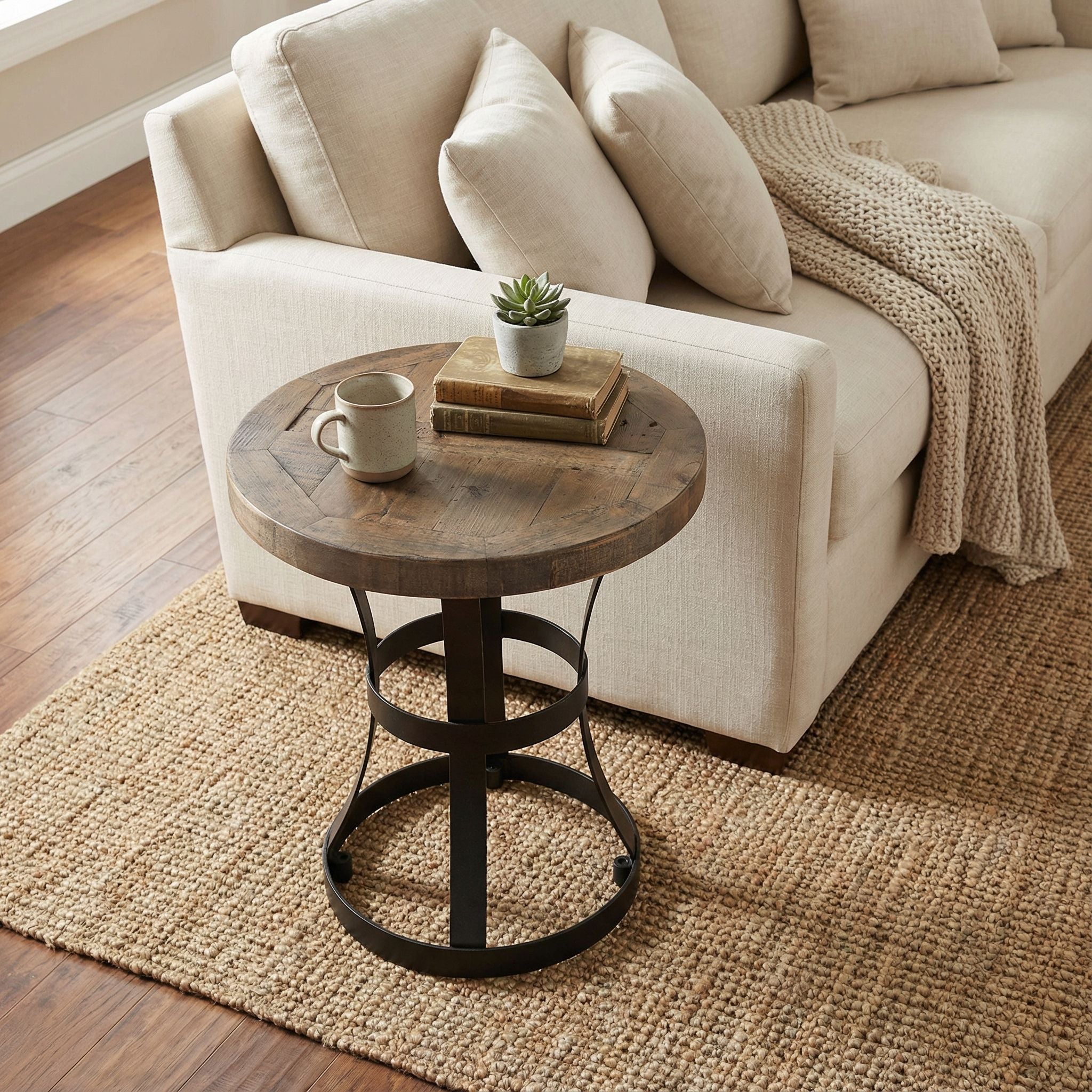 Newcastle Round End Table, Solid Reclaimed Wood and Black Metal, 18"