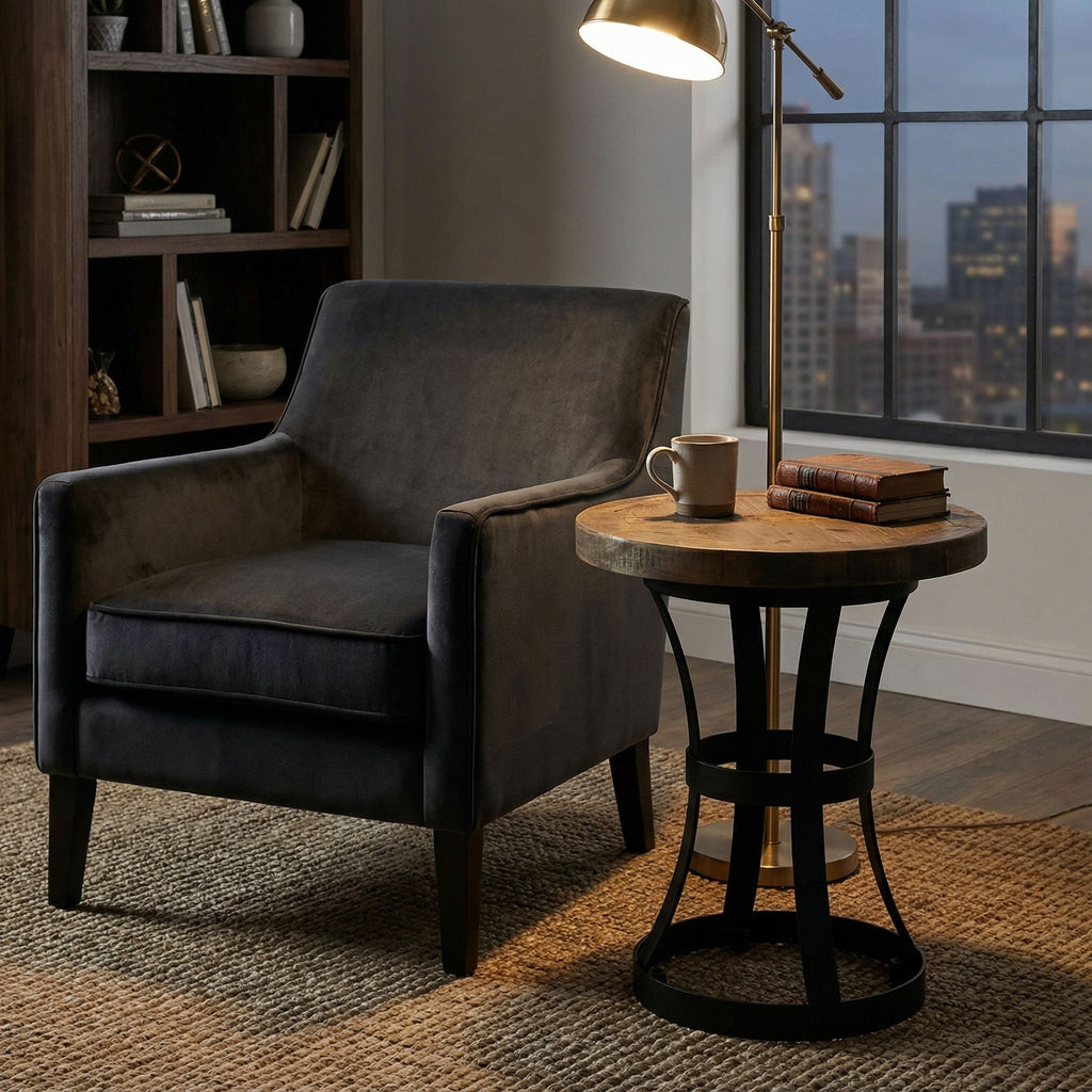 Newcastle Round End Table, Solid Reclaimed Wood and Black Metal, 18"