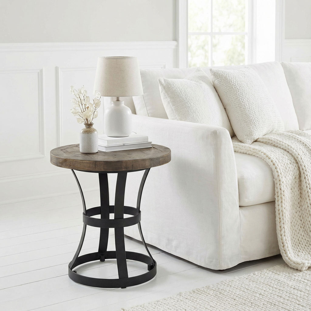 Newcastle Round End Table, Solid Reclaimed Wood and Black Metal, 18"