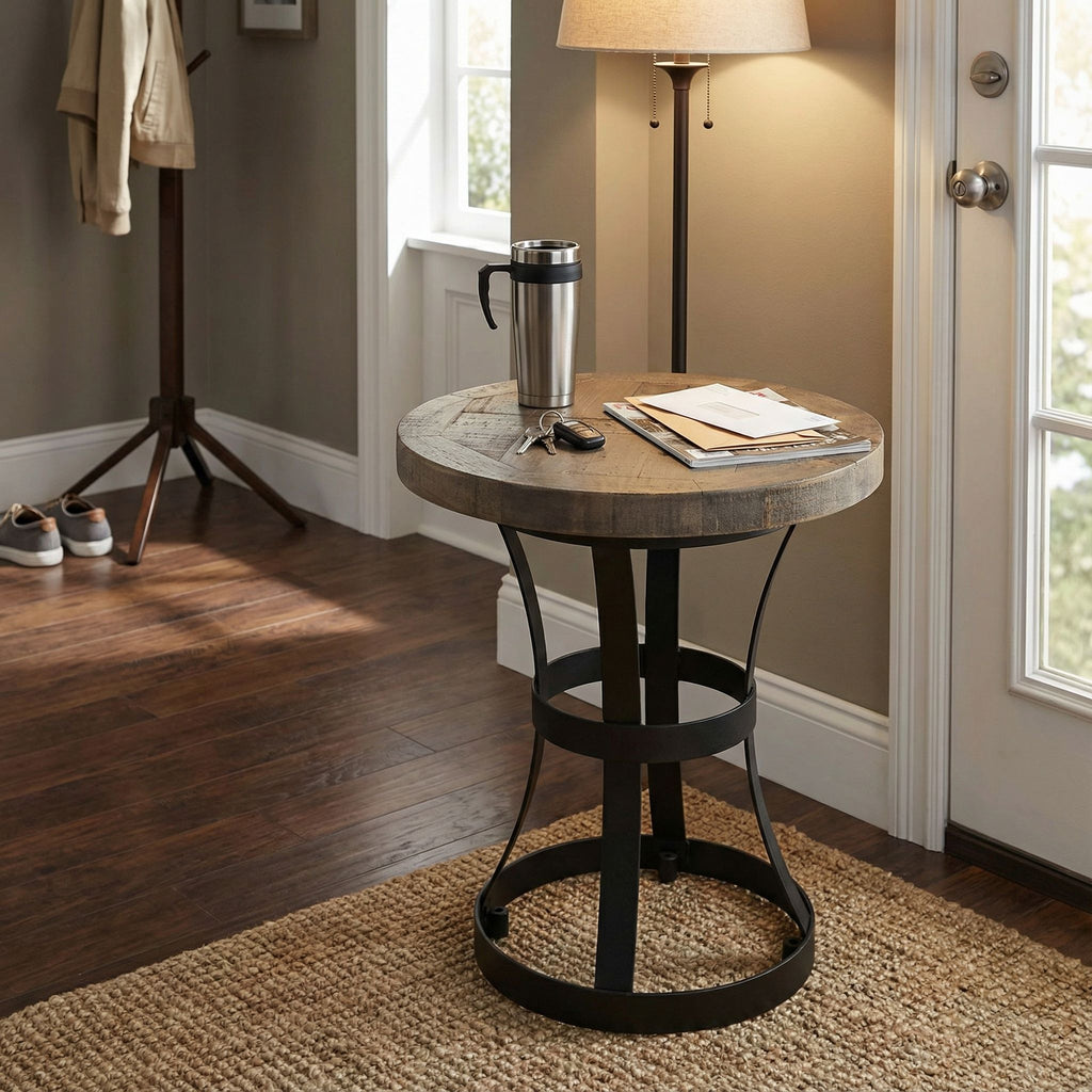 Newcastle Round End Table, Solid Reclaimed Wood and Black Metal, 18"