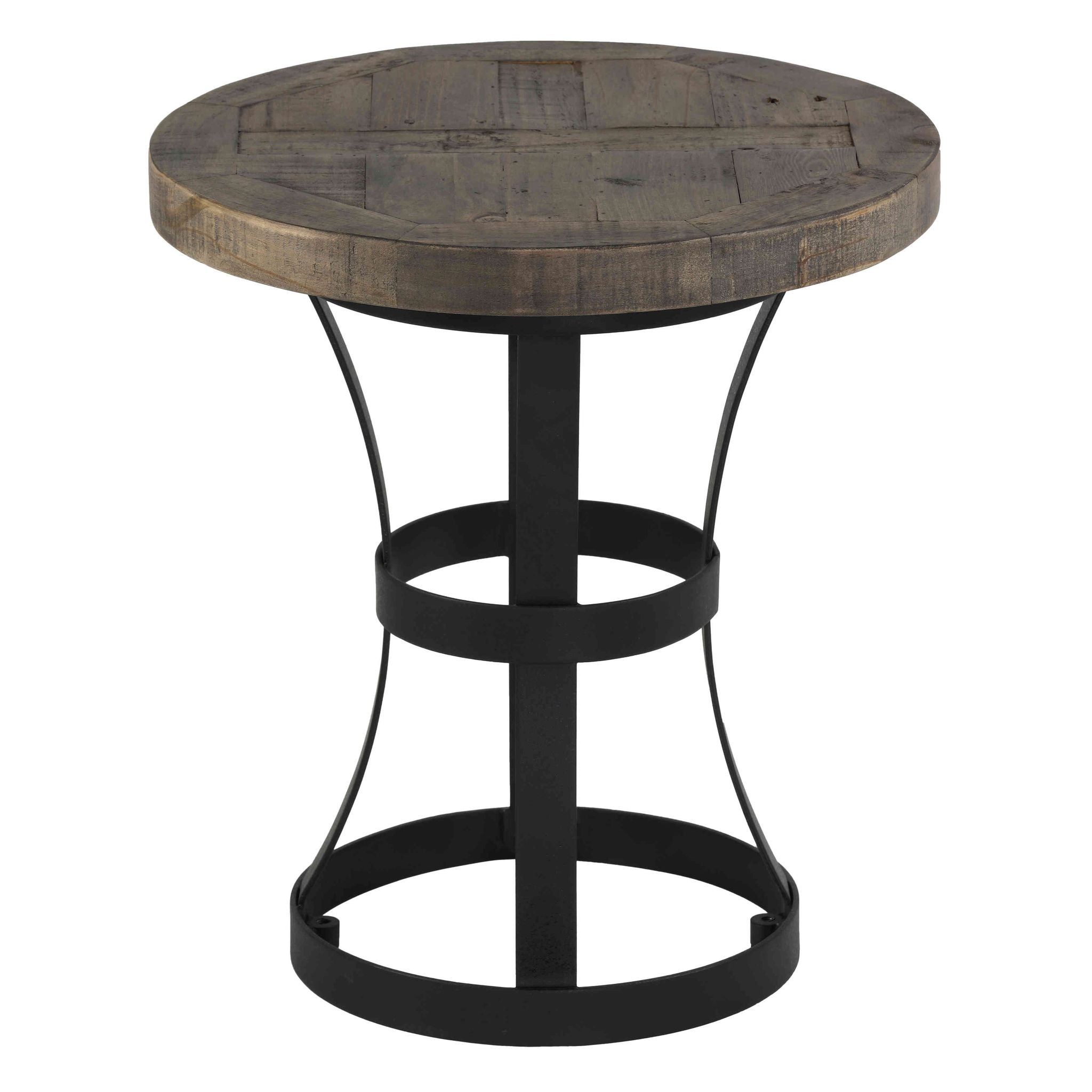 Newcastle Round End Table, Solid Reclaimed Wood and Black Metal, 18"