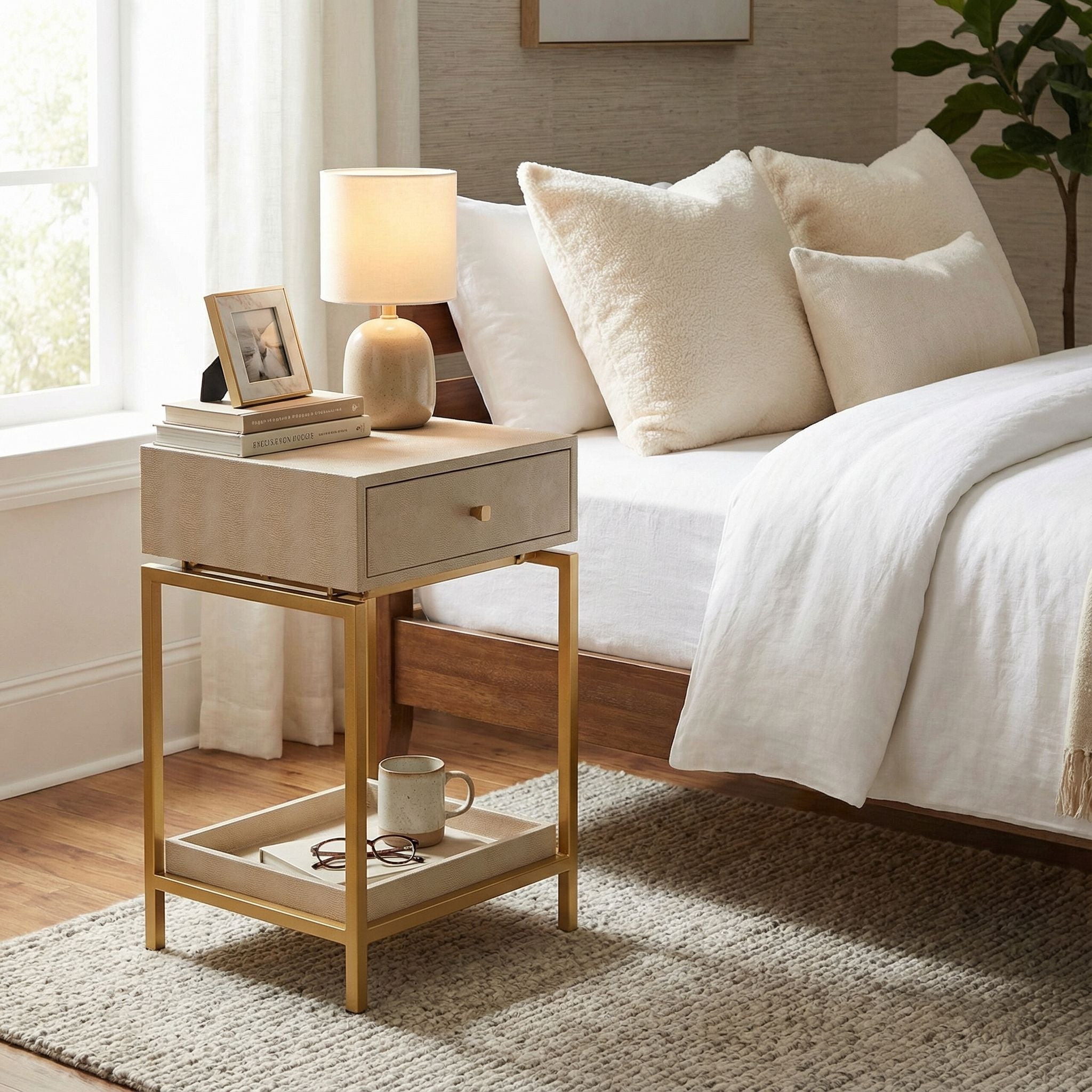 Cortesi Home Everett Nightstand End Table with Gold Metal Frame