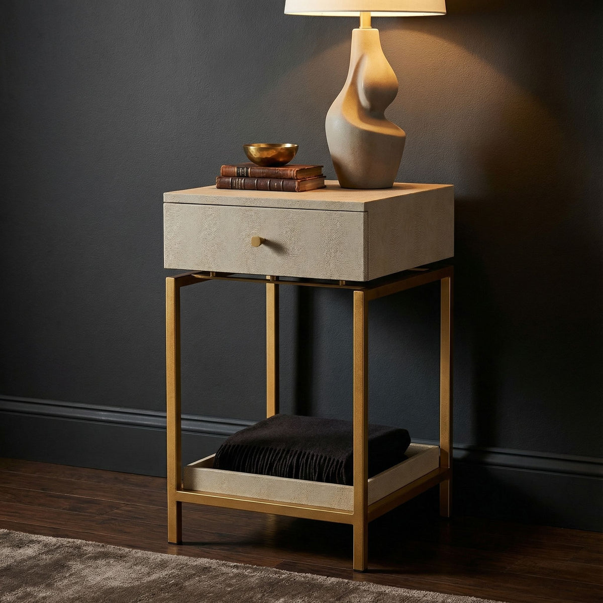 Cortesi Home Everett Nightstand End Table with Gold Metal Frame
