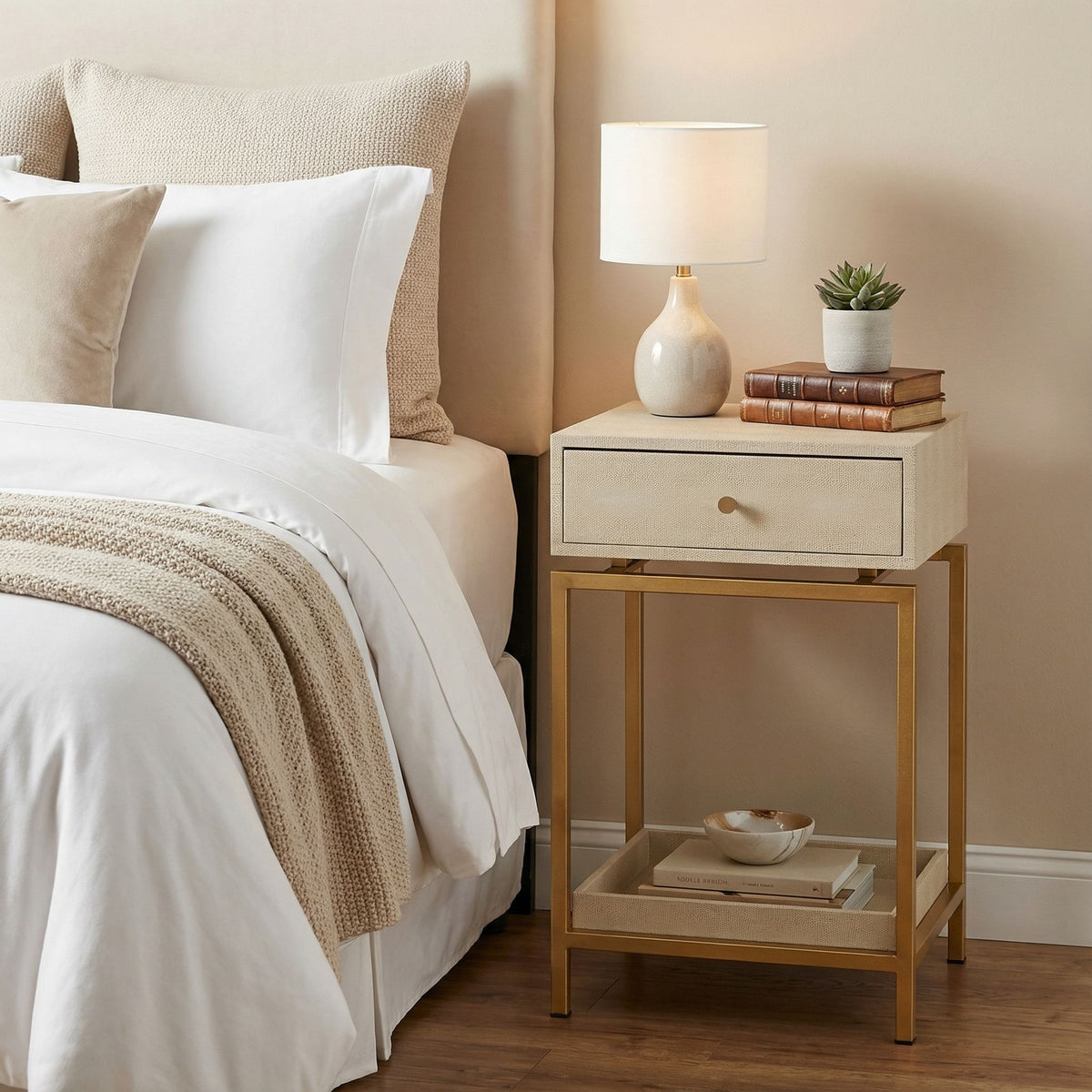 Cortesi Home Everett Nightstand End Table with Gold Metal Frame