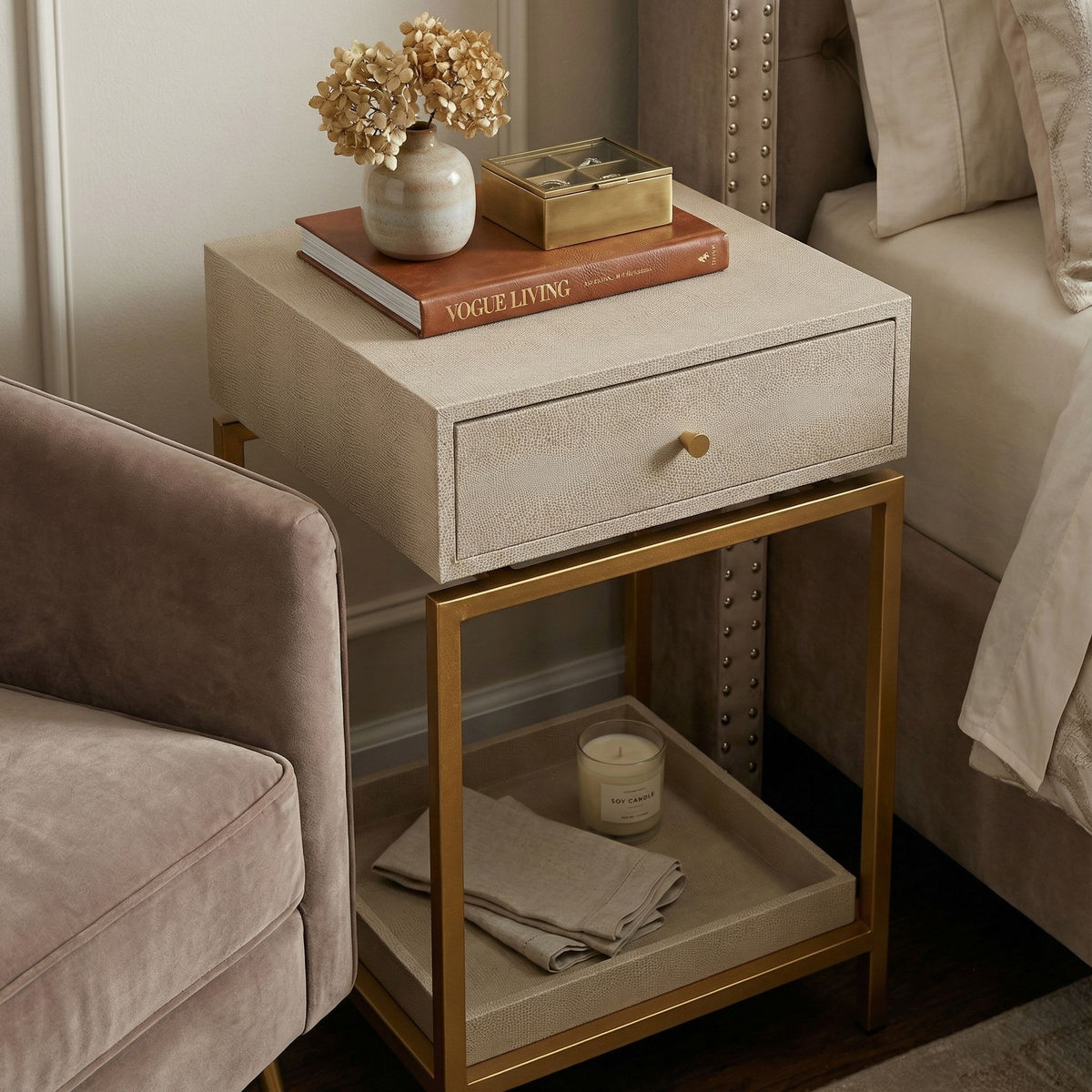 Cortesi Home Everett Nightstand End Table with Gold Metal Frame