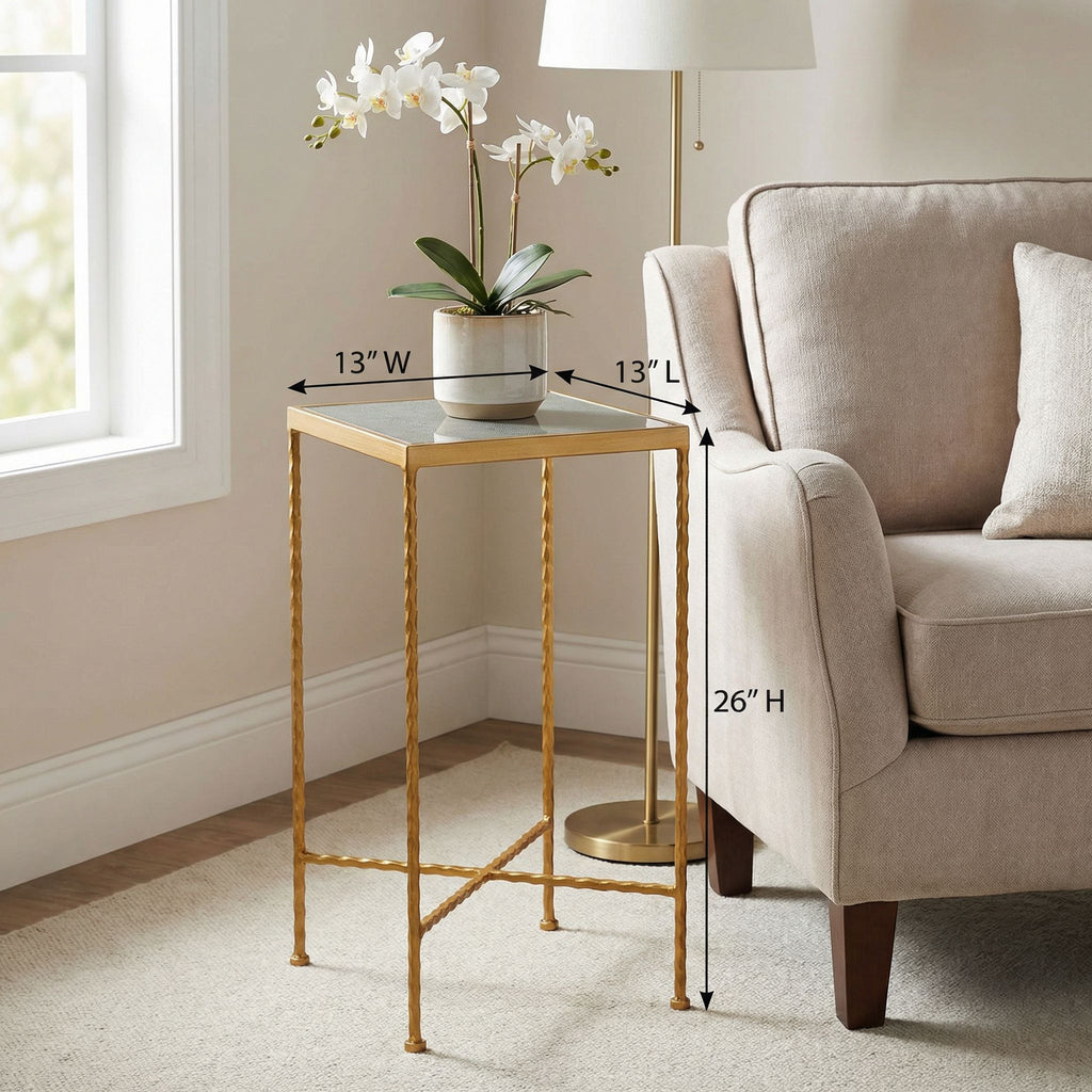 Cortesi Home Cleo Square Accent Table Painted Gold, Glass Snakeskin Top