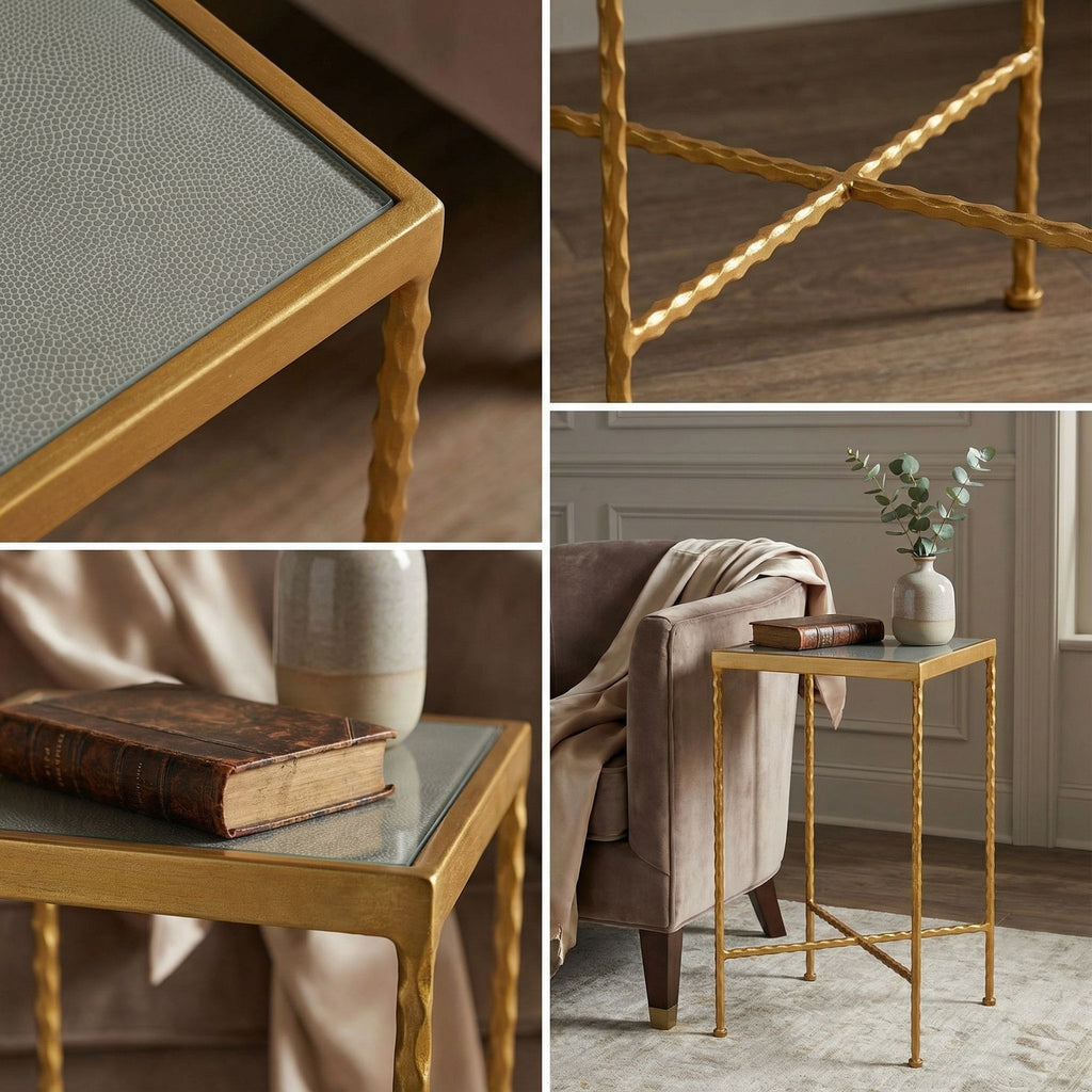 Cortesi Home Cleo Square Accent Table Painted Gold, Glass Snakeskin Top
