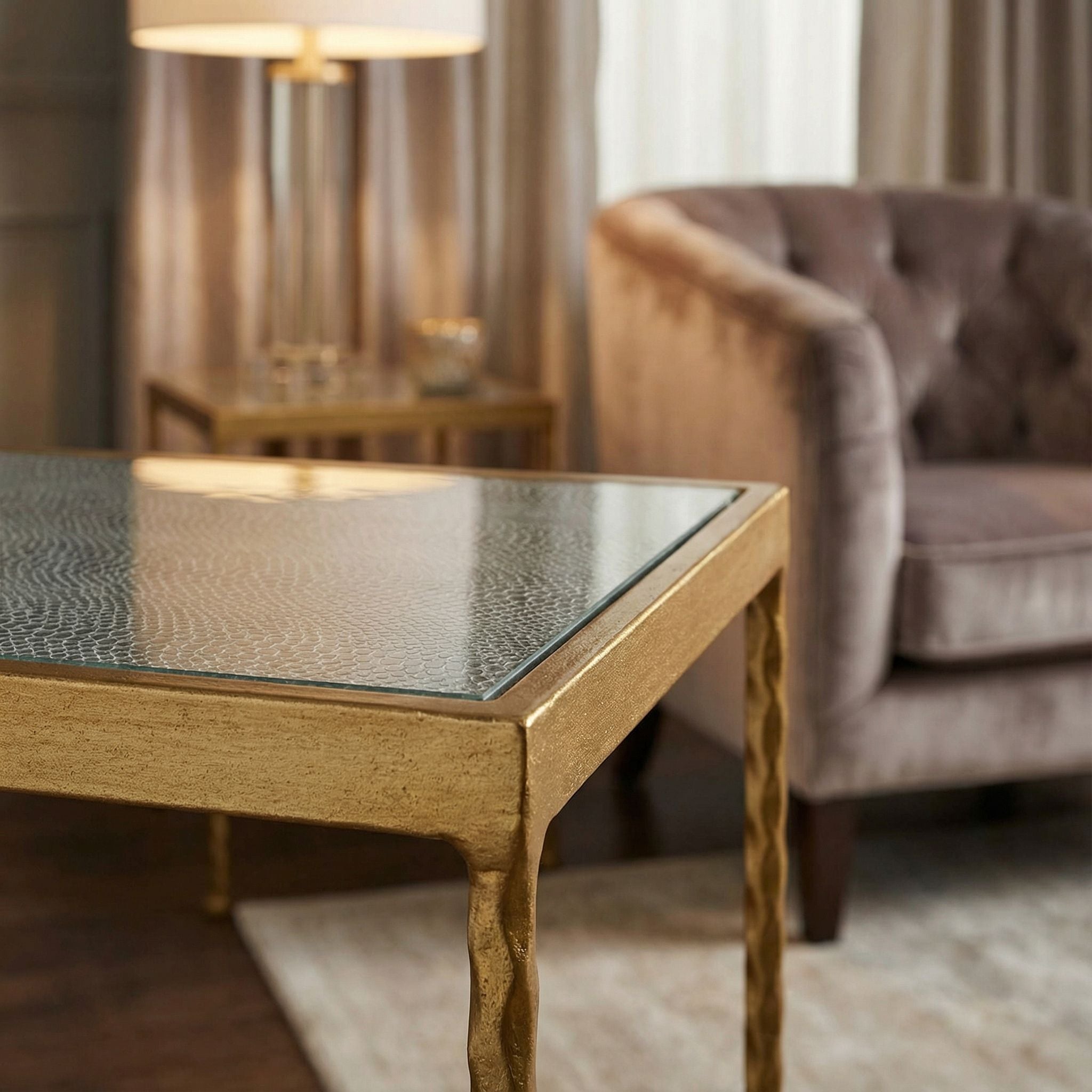 Cortesi Home Cleo Square Accent Table Painted Gold, Glass Snakeskin Top