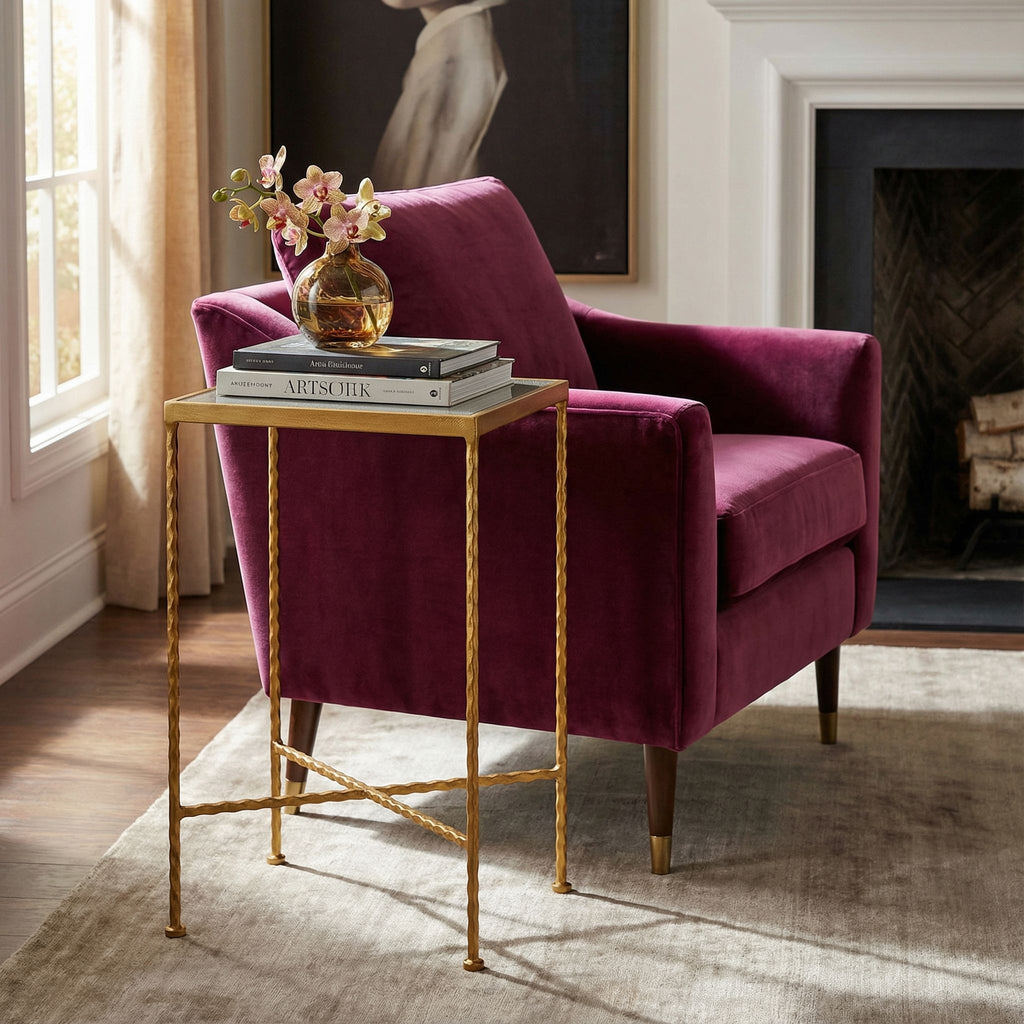 Cortesi Home Cleo Square Accent Table Painted Gold, Glass Snakeskin Top