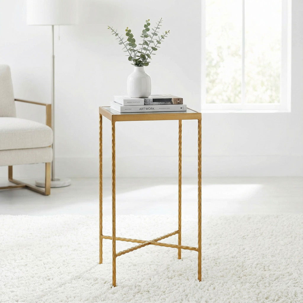 Cortesi Home Cleo Square Accent Table Painted Gold, Glass Snakeskin Top