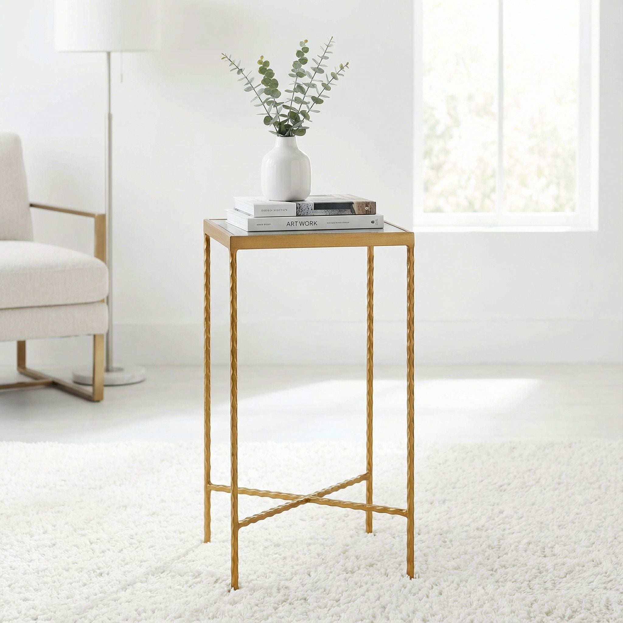 Cortesi Home Cleo Square Accent Table Painted Gold, Glass Snakeskin Top