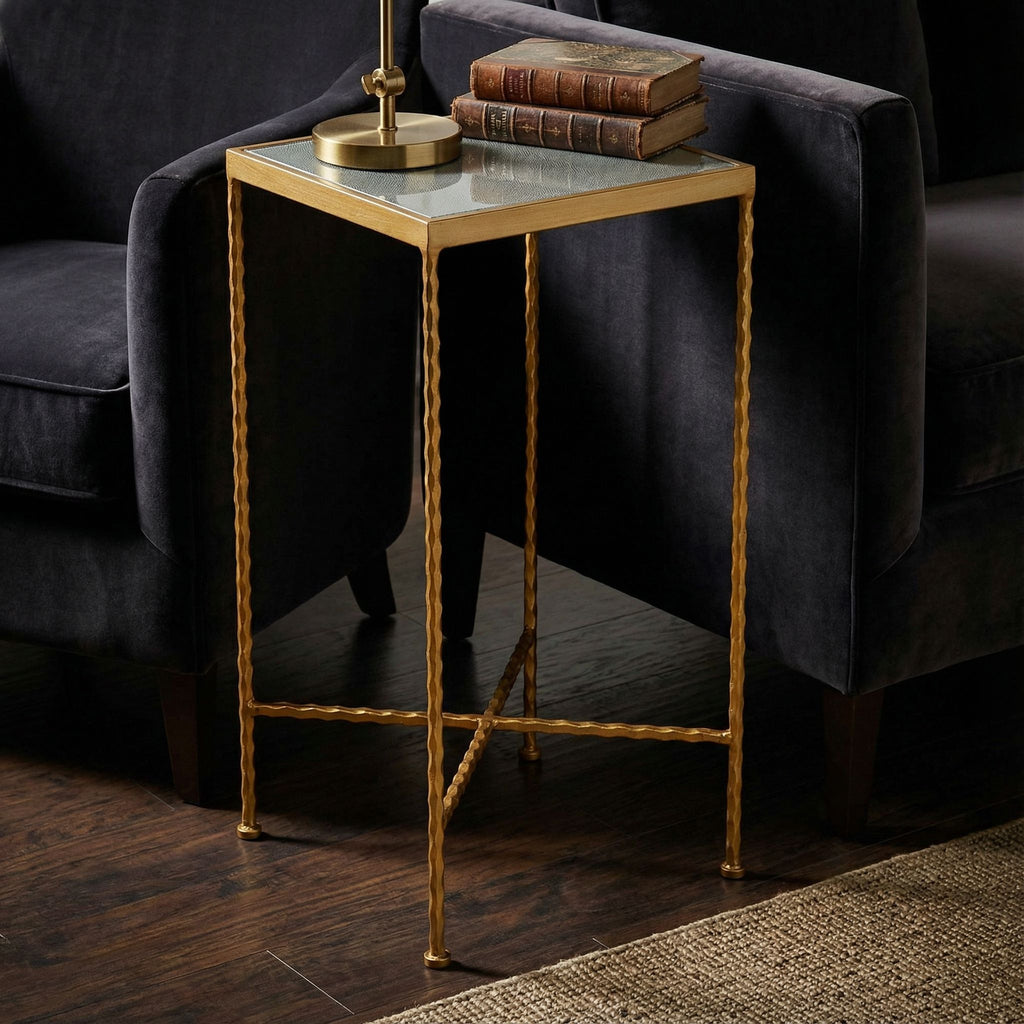 Cortesi Home Cleo Square Accent Table Painted Gold, Glass Snakeskin Top