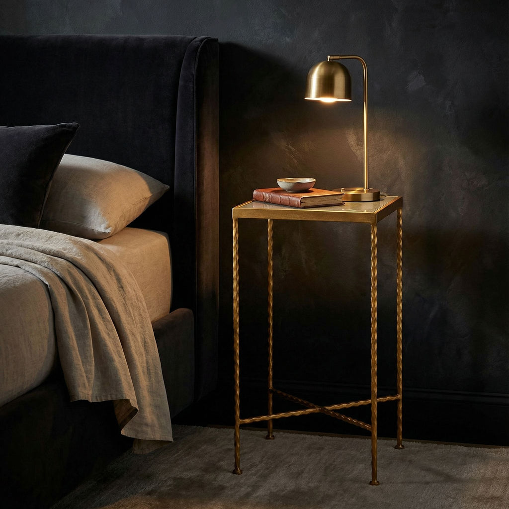 Cortesi Home Cleo Square Accent Table Painted Gold, Glass Snakeskin Top