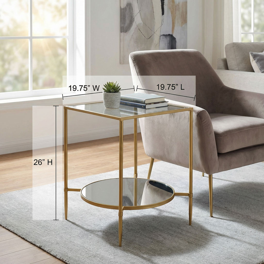 Cortesi Home Johan Square Glass End Table with Mirror Shelf, Gold Metal Frame