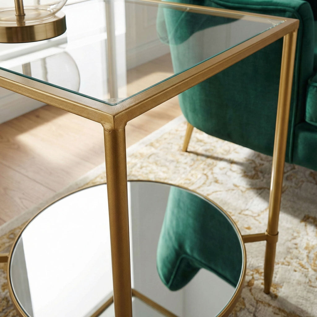 Cortesi Home Johan Square Glass End Table with Mirror Shelf, Gold Metal Frame
