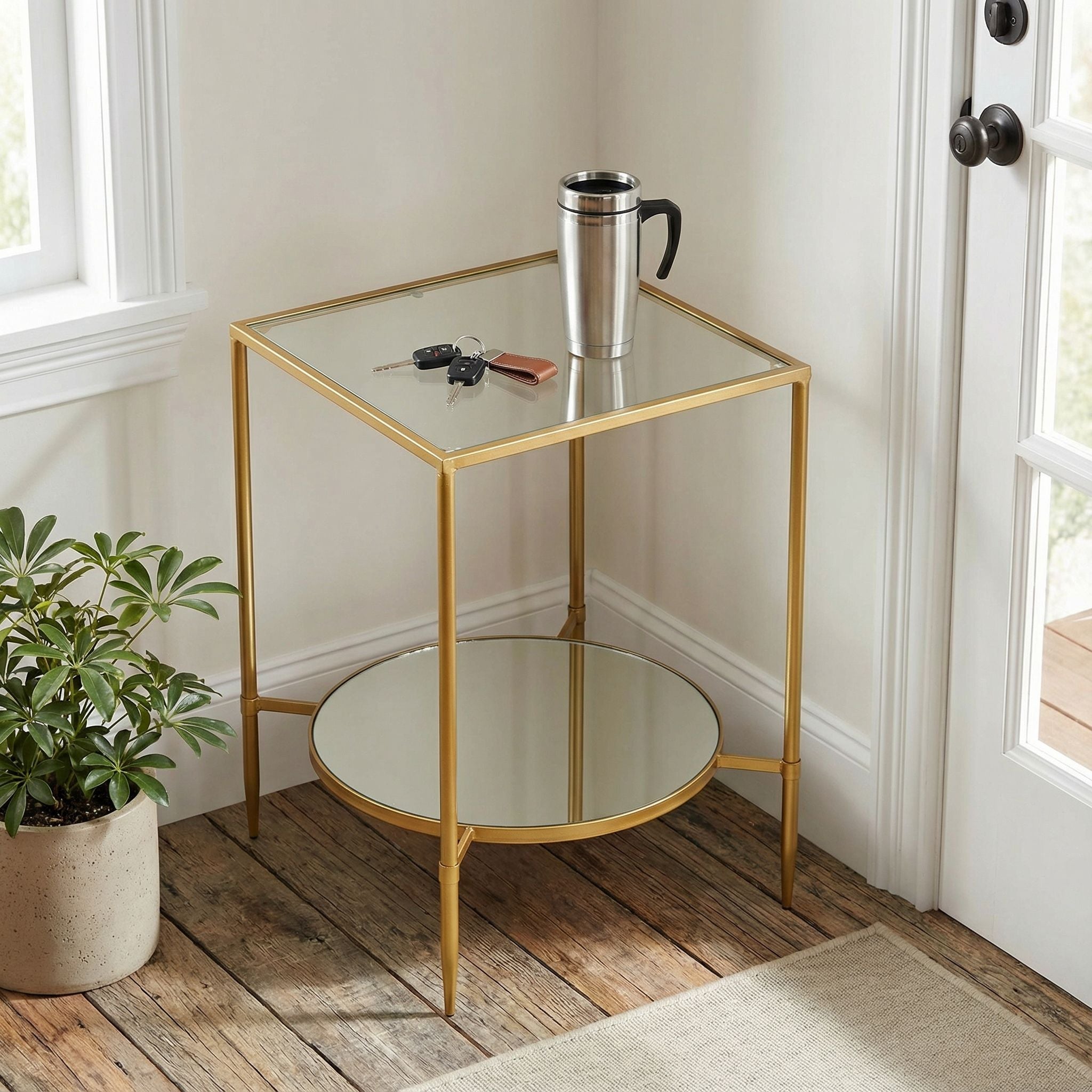 Cortesi Home Johan Square Glass End Table with Mirror Shelf, Gold Metal Frame