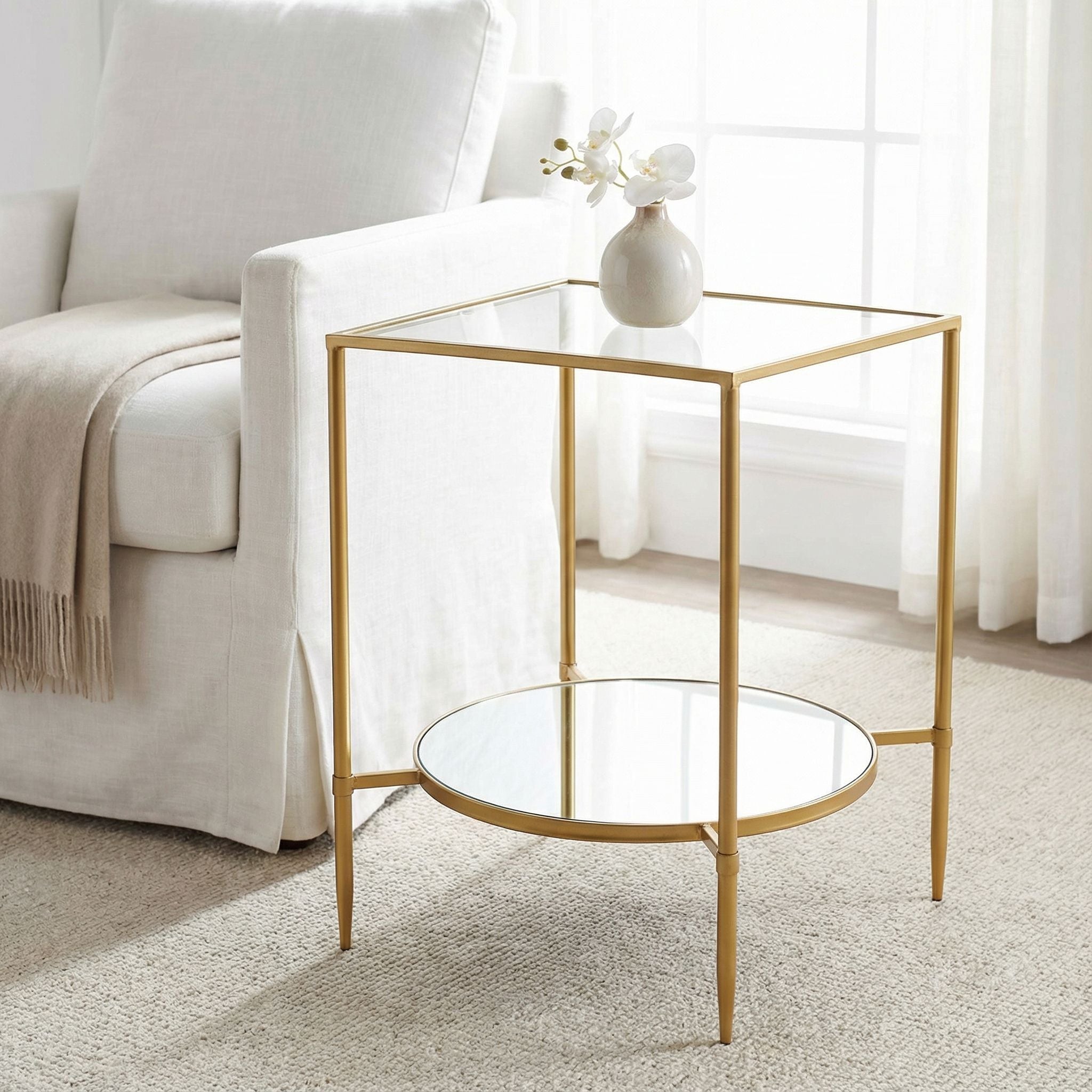 Cortesi Home Johan Square Glass End Table with Mirror Shelf, Gold Metal Frame