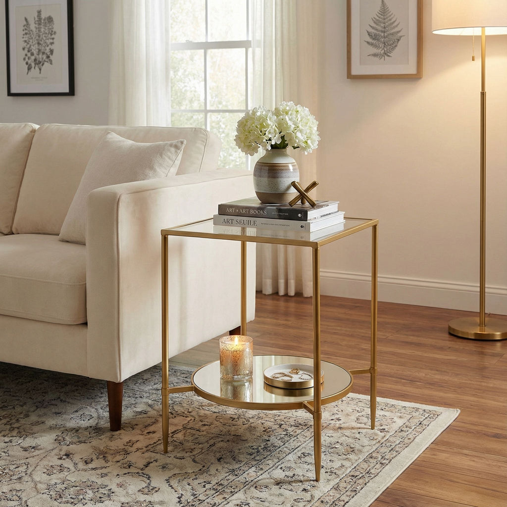 Cortesi Home Johan Square Glass End Table with Mirror Shelf, Gold Metal Frame