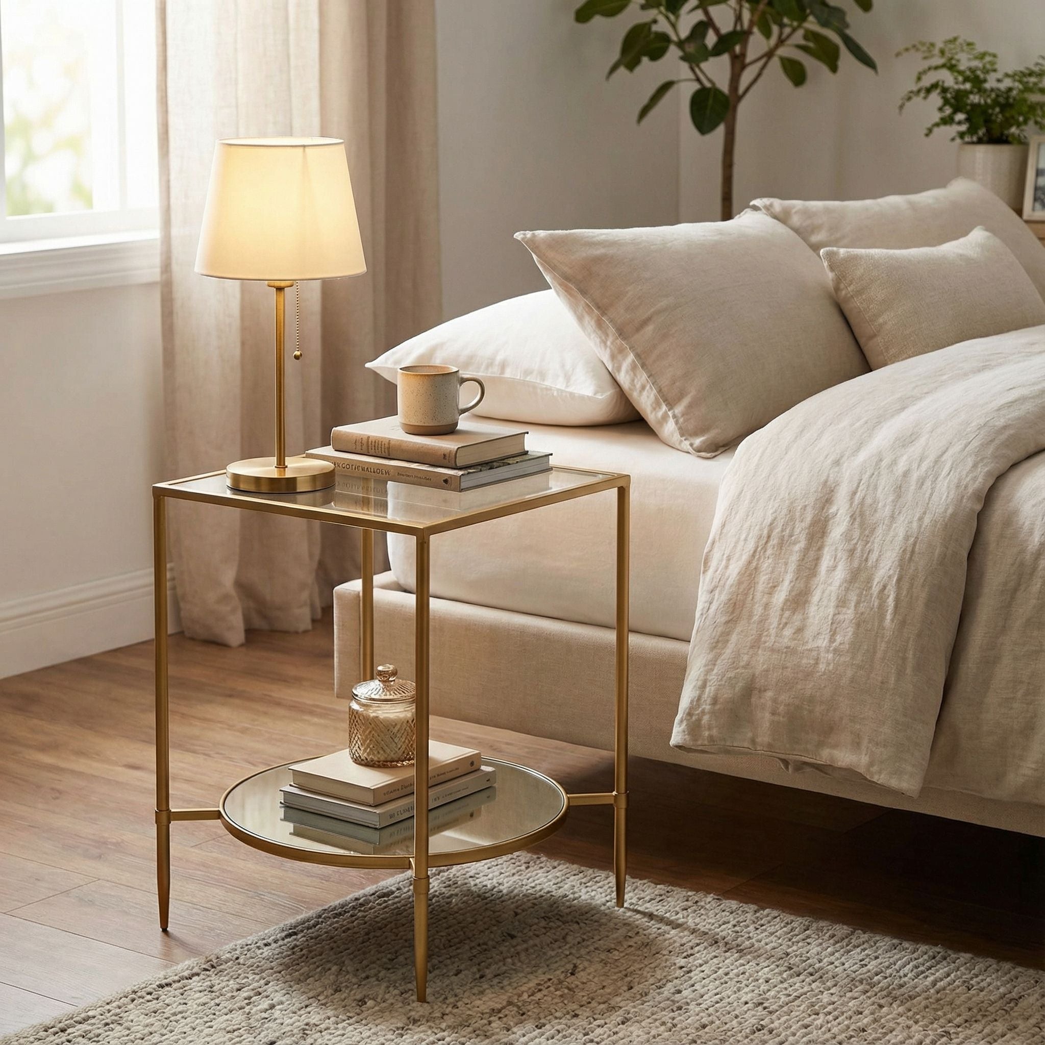 Cortesi Home Johan Square Glass End Table with Mirror Shelf, Gold Metal Frame