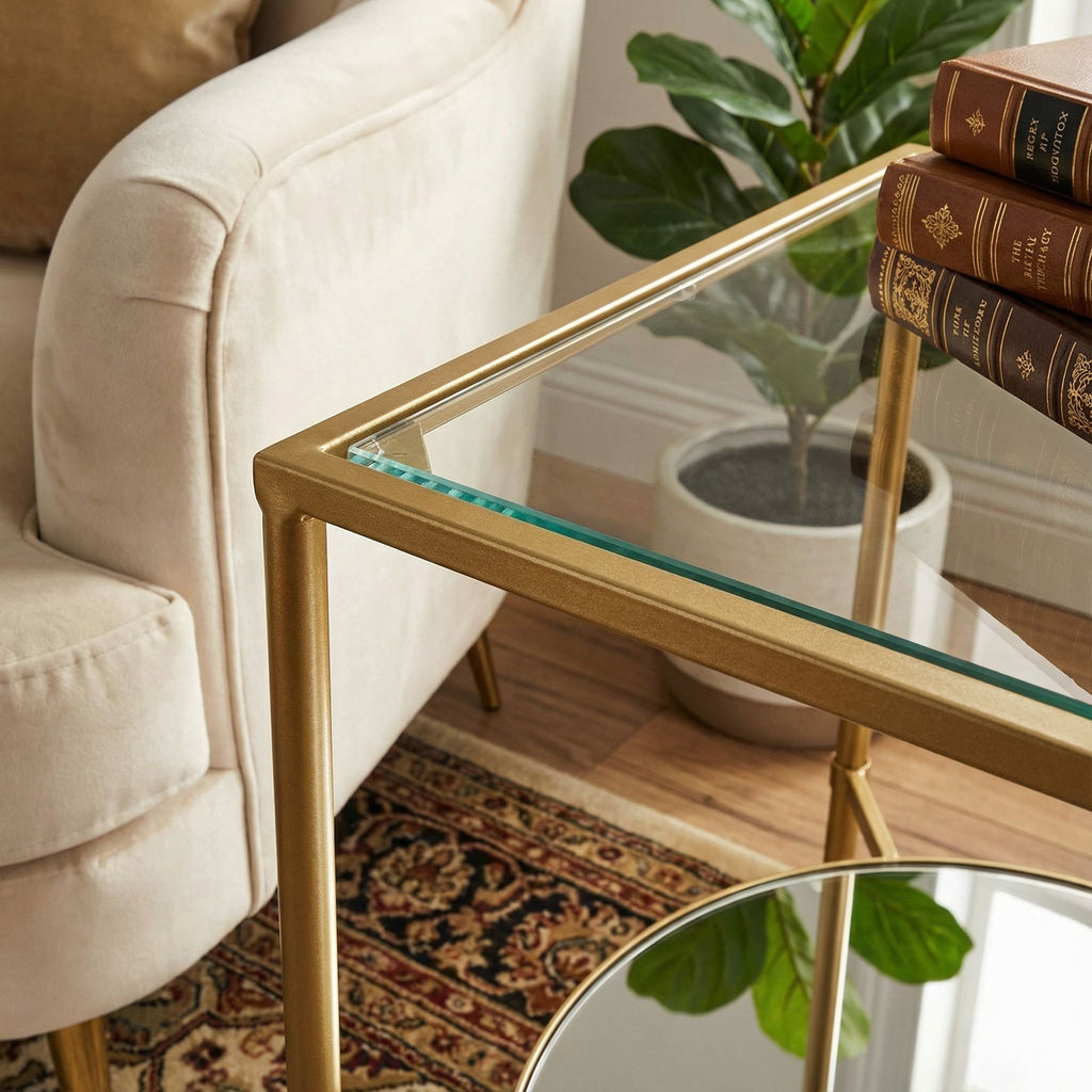 Cortesi Home Johan Square Glass End Table with Mirror Shelf, Gold Metal Frame