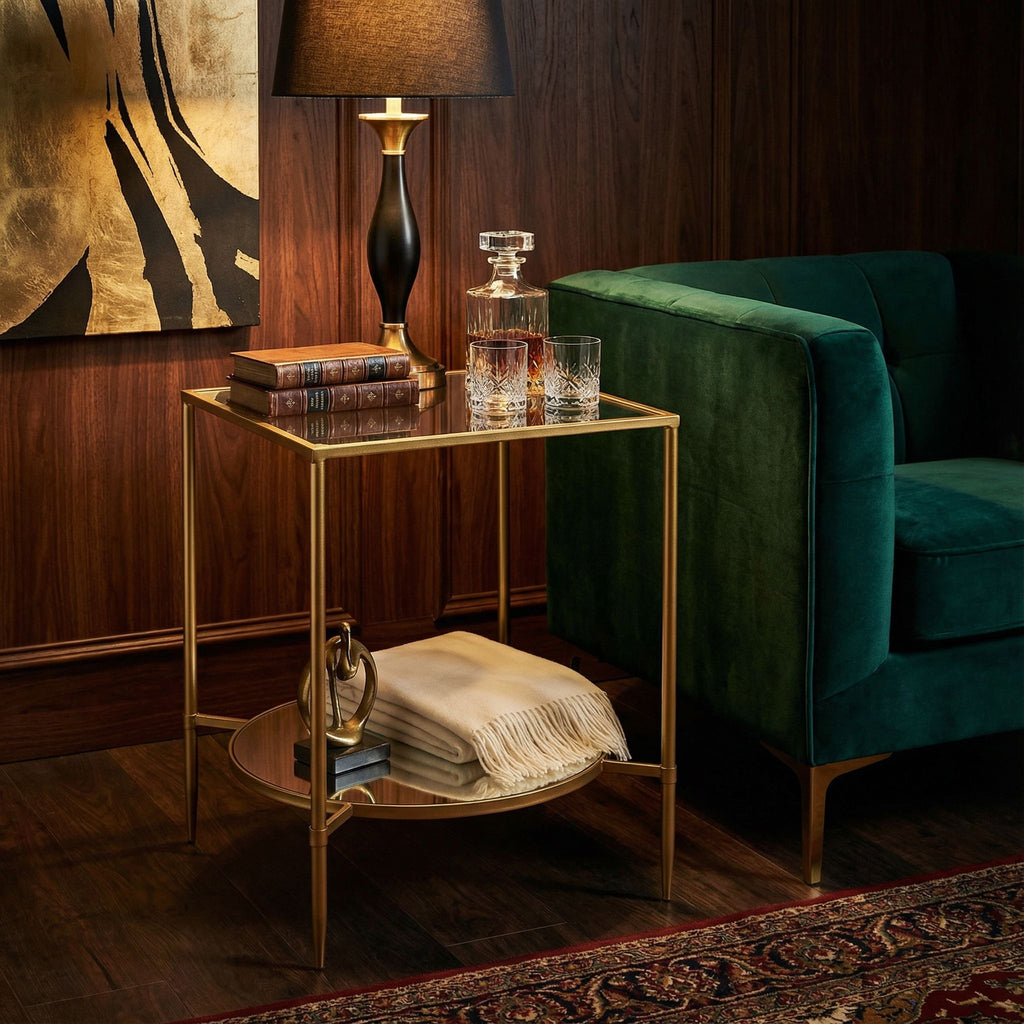 Cortesi Home Johan Square Glass End Table with Mirror Shelf, Gold Metal Frame