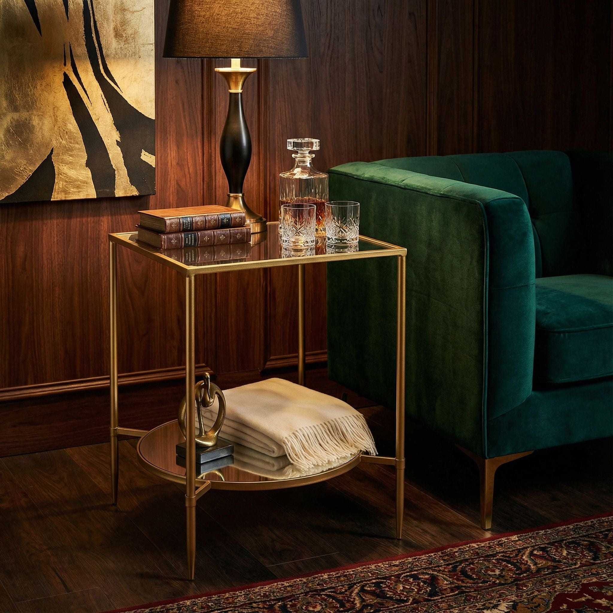 Cortesi Home Johan Square Glass End Table with Mirror Shelf, Gold Metal Frame