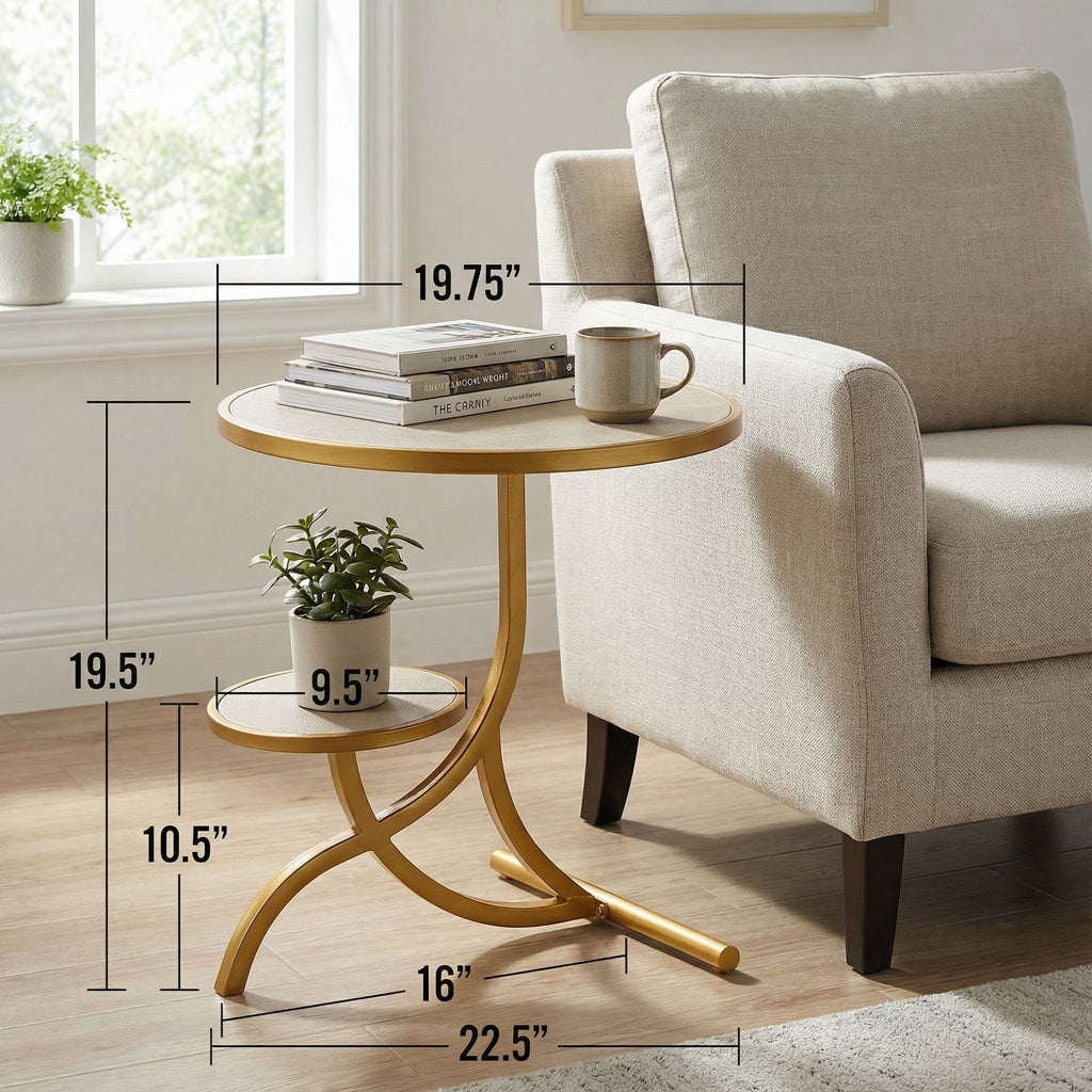 Cortesi Home Sumner Round End Table with Shelf, Gold with Faux Leather Top