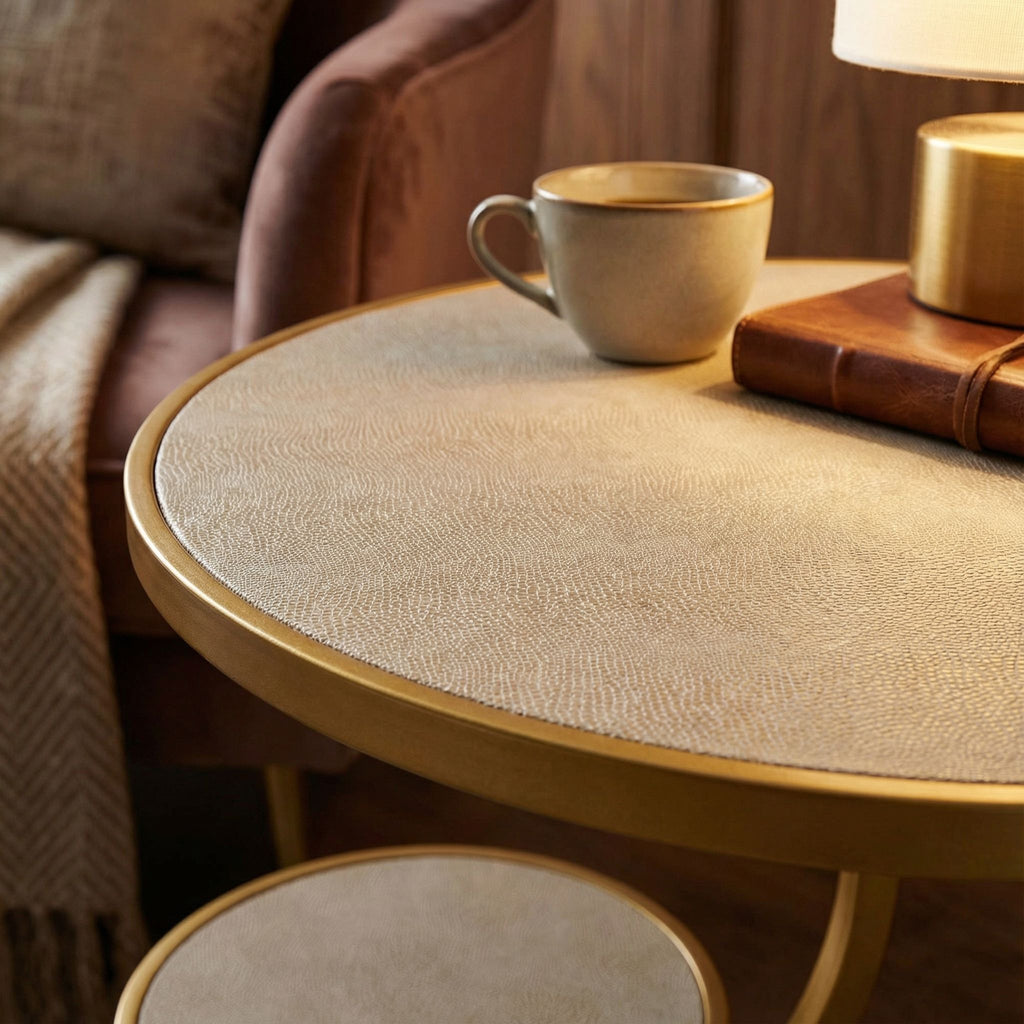 Cortesi Home Sumner Round End Table with Shelf, Gold with Faux Leather Top