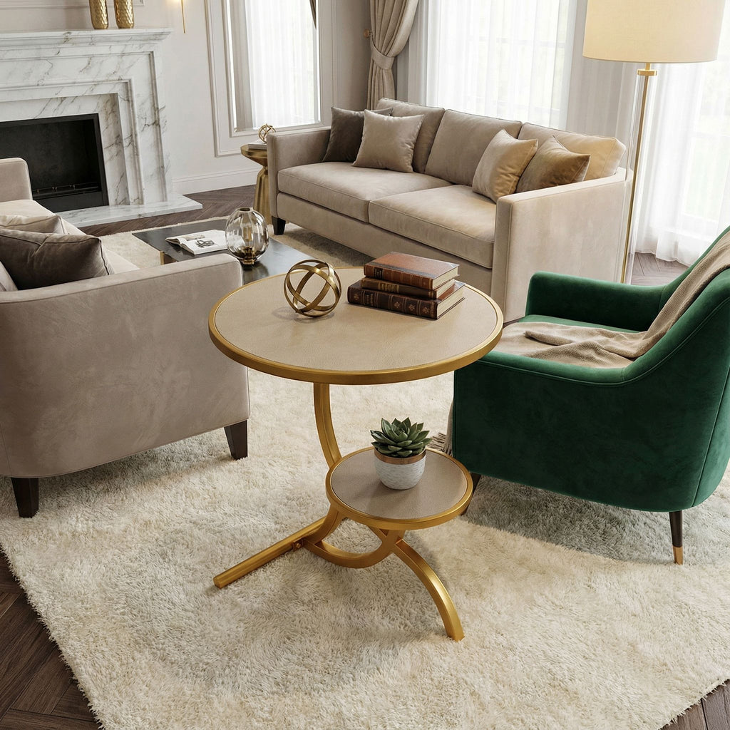Cortesi Home Sumner Round End Table with Shelf, Gold with Faux Leather Top