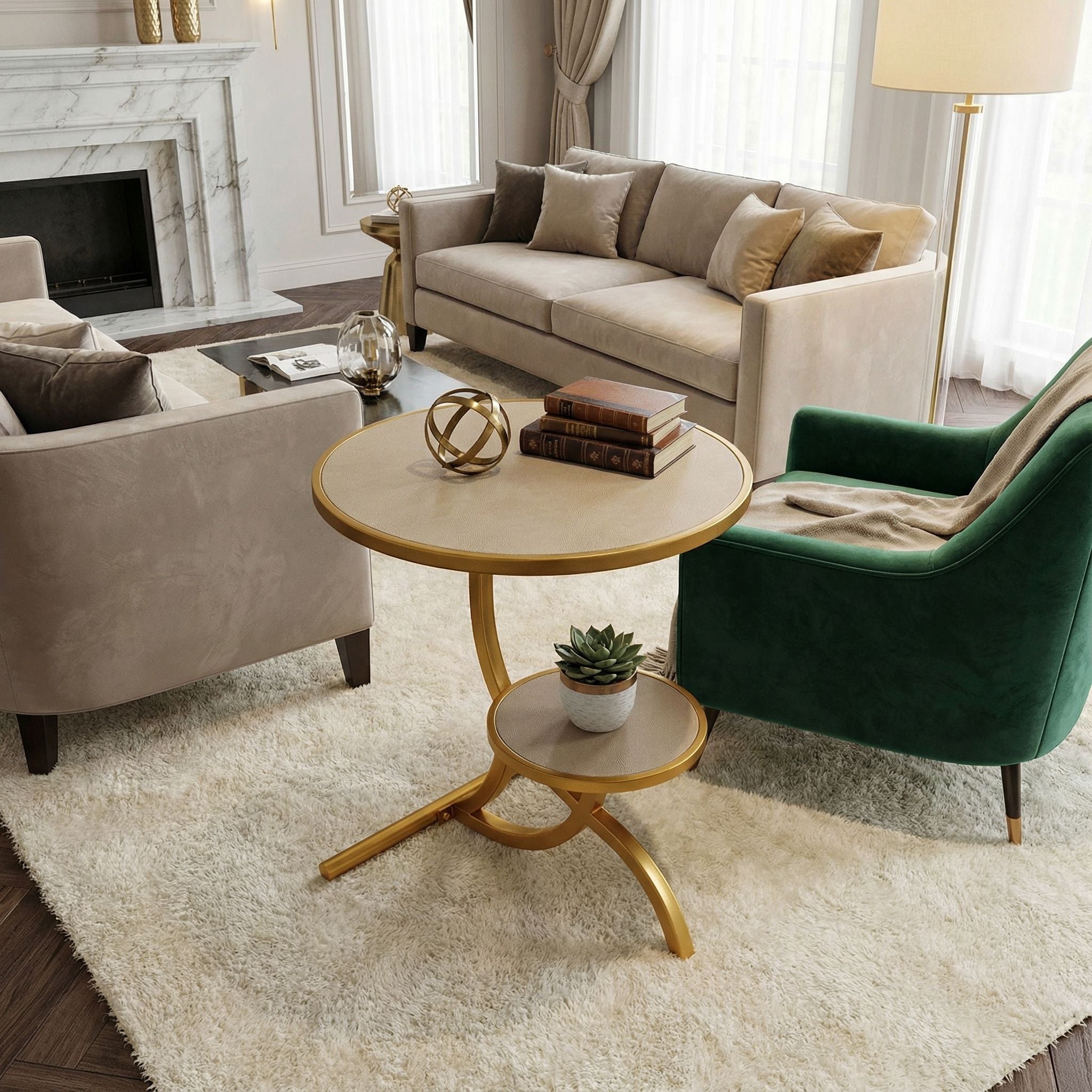 Cortesi Home Sumner Round End Table with Shelf, Gold with Faux Leather Top
