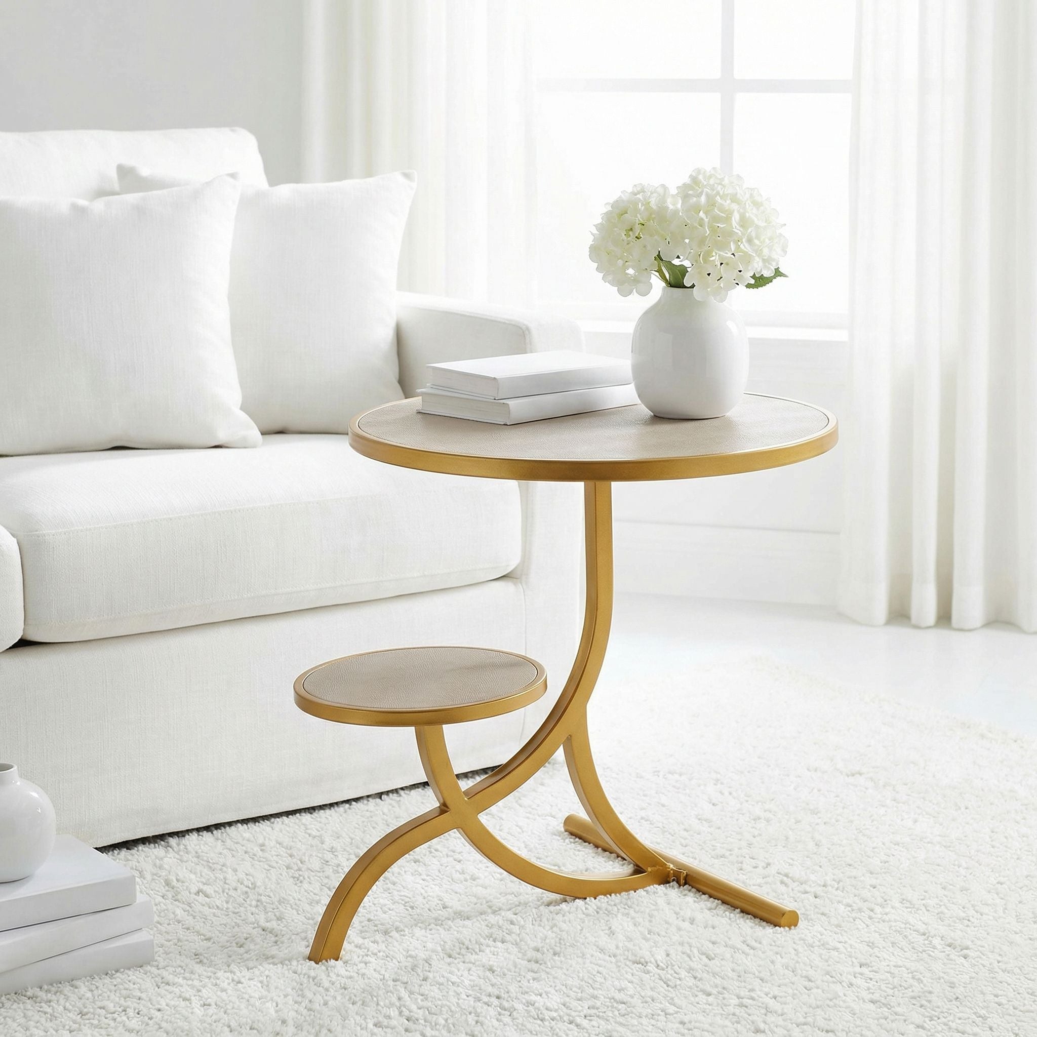 Cortesi Home Sumner Round End Table with Shelf, Gold with Faux Leather Top
