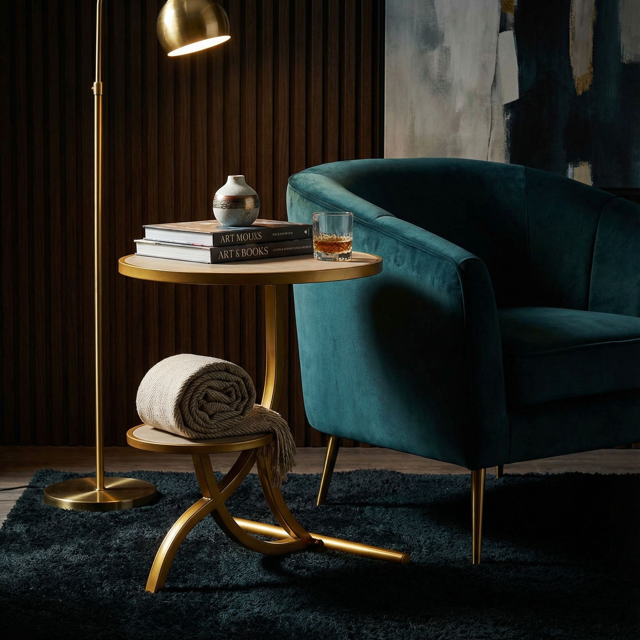 Cortesi Home Sumner Round End Table with Shelf, Gold with Faux Leather Top