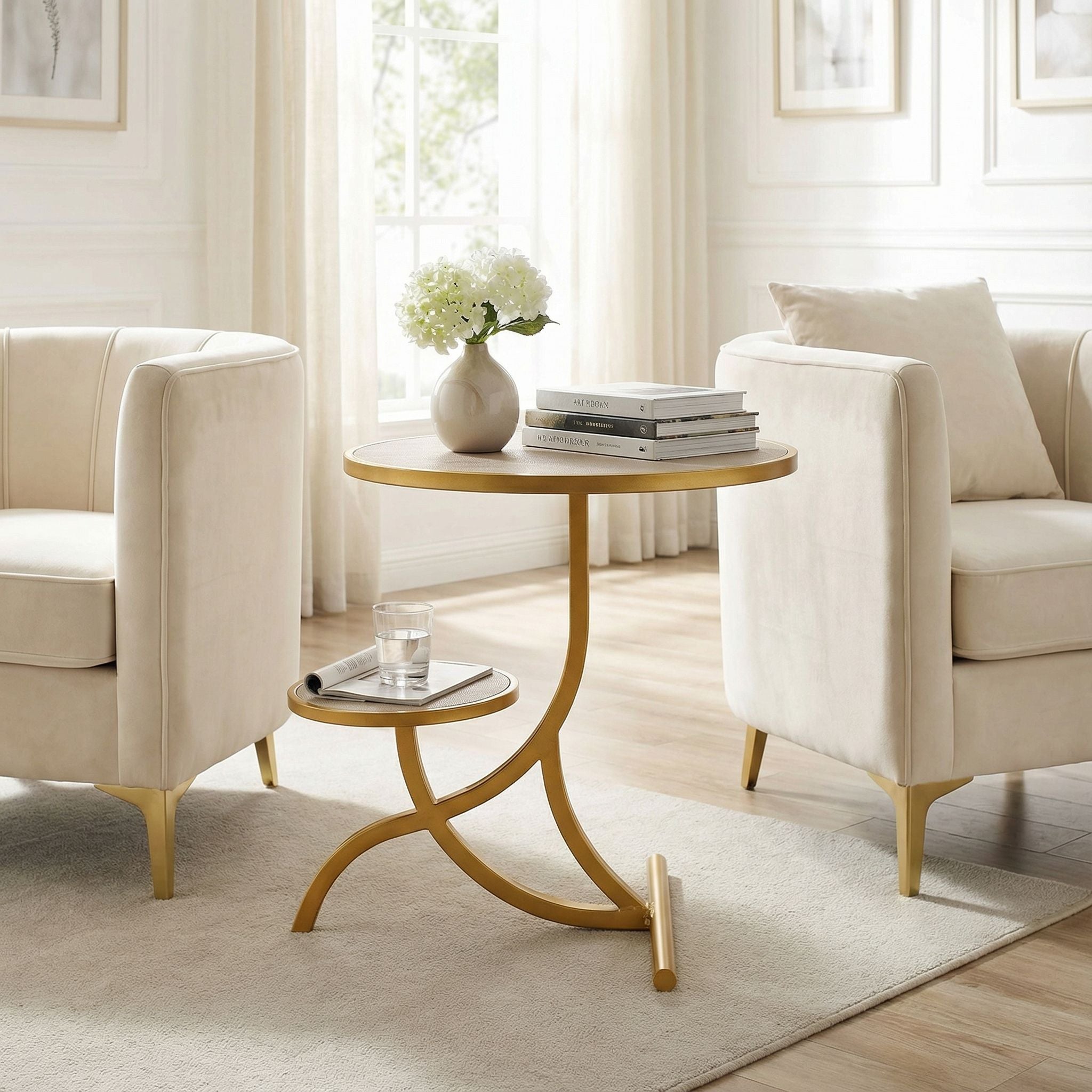 Cortesi Home Sumner Round End Table with Shelf, Gold with Faux Leather Top
