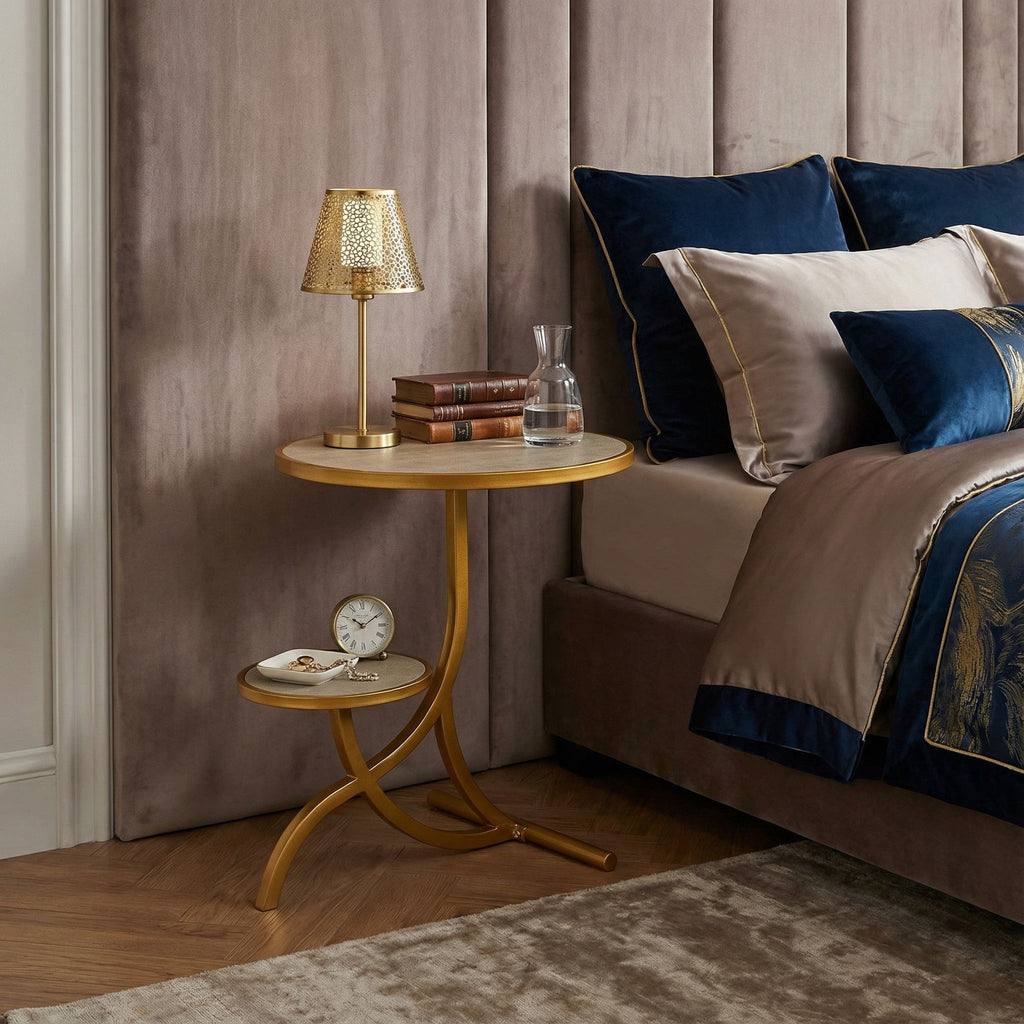Cortesi Home Sumner Round End Table with Shelf, Gold with Faux Leather Top