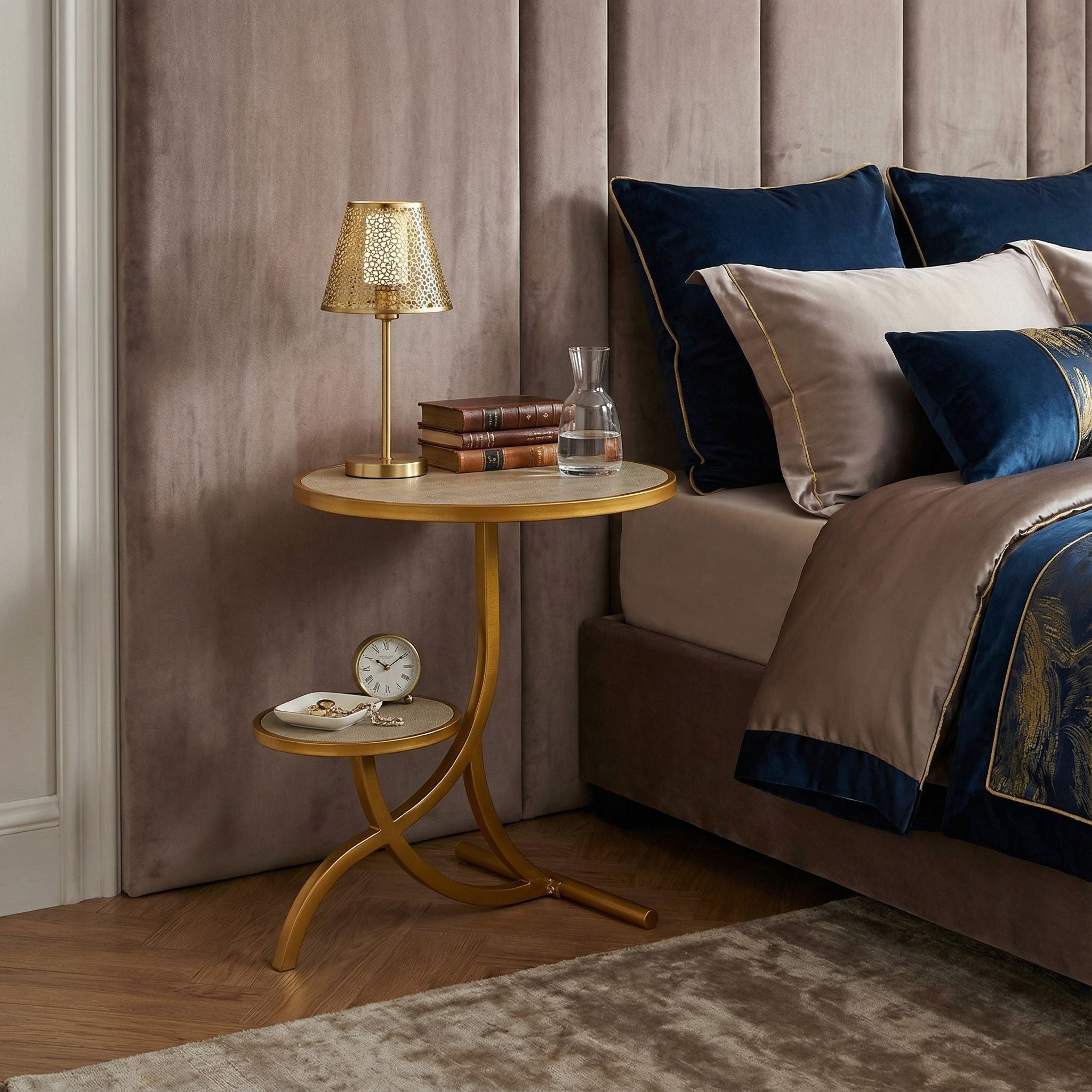 Cortesi Home Sumner Round End Table with Shelf, Gold with Faux Leather Top