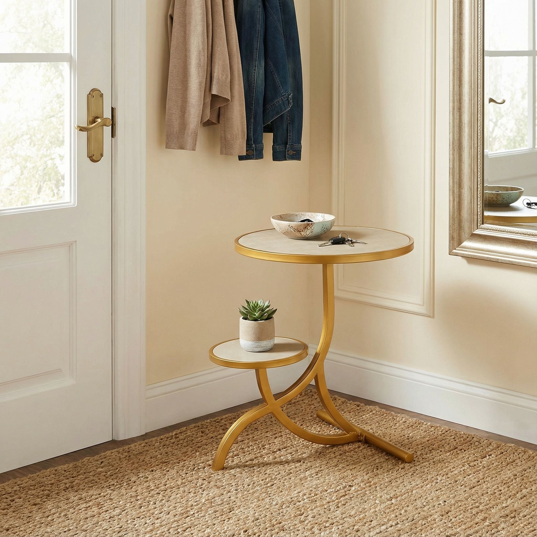 Cortesi Home Sumner Round End Table with Shelf, Gold with Faux Leather Top