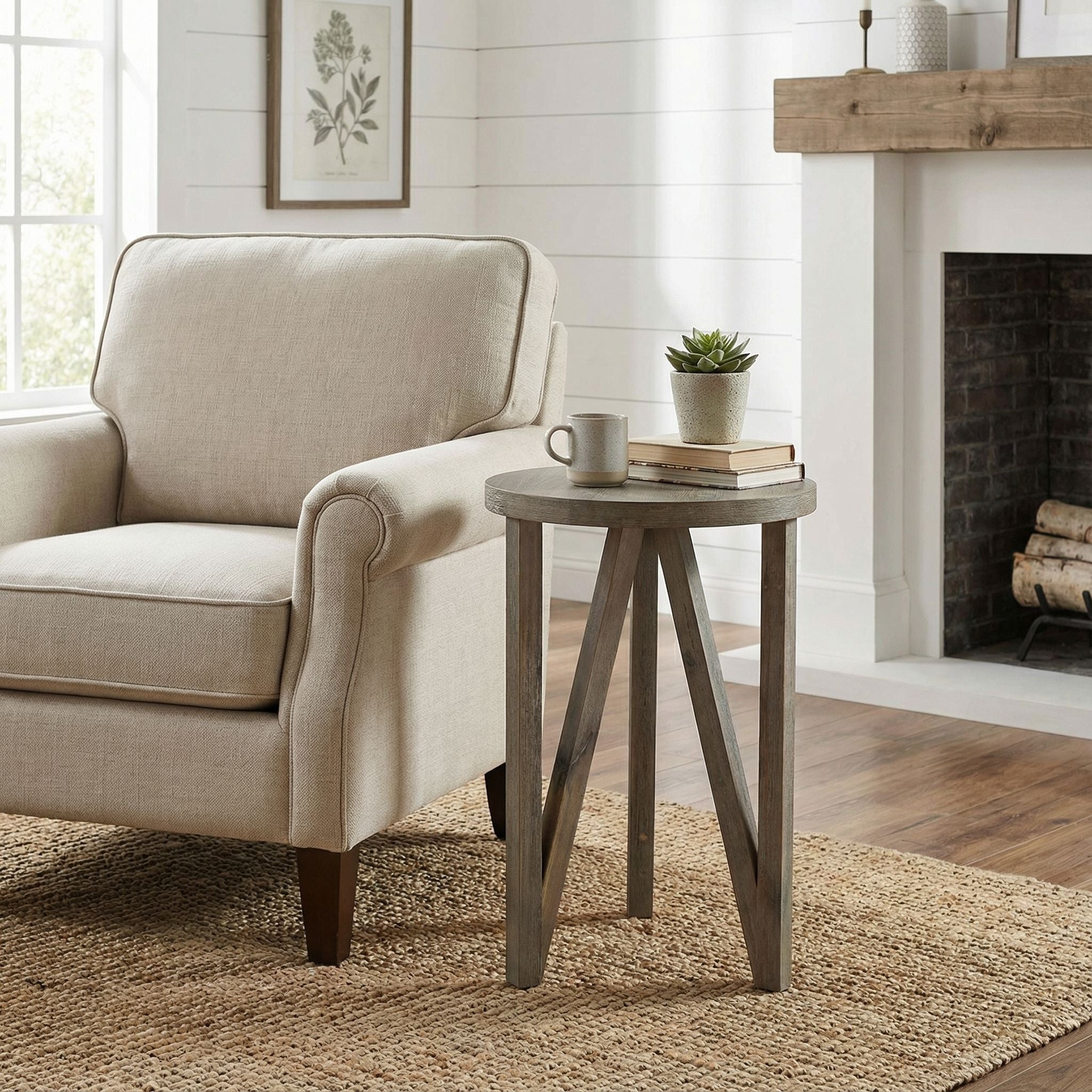 Tobin  Accent Table in Solid Wood with Farmhouse Grey Wire Brushed Finish, Small 15" Round