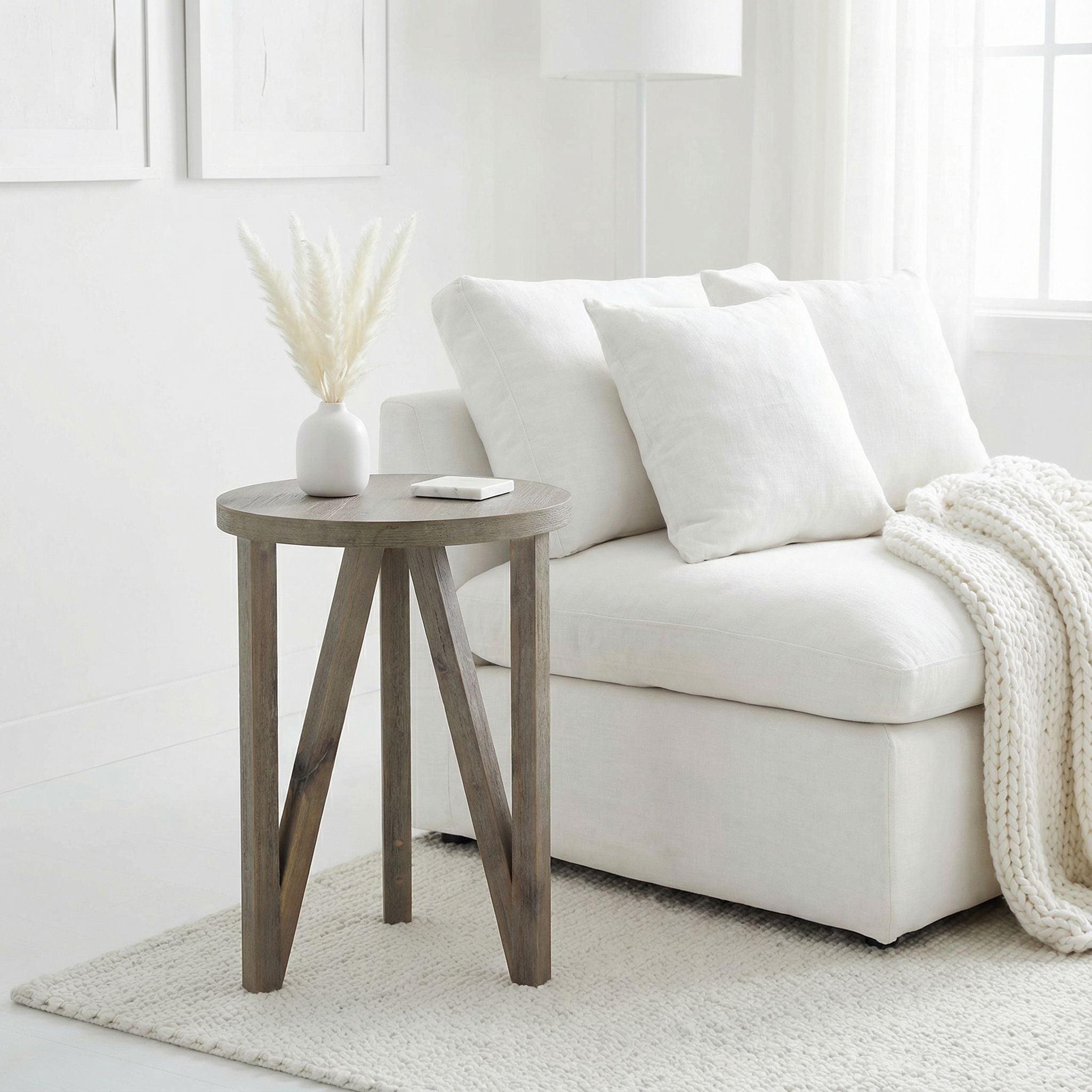 Tobin  Accent Table in Solid Wood with Farmhouse Grey Wire Brushed Finish, Small 15" Round