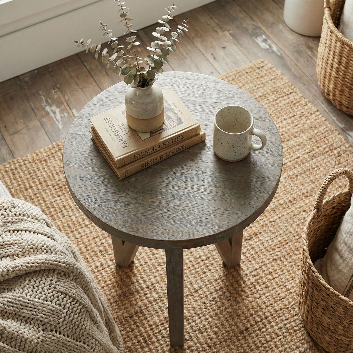 Tobin  Accent Table in Solid Wood with Farmhouse Grey Wire Brushed Finish, Small 15" Round