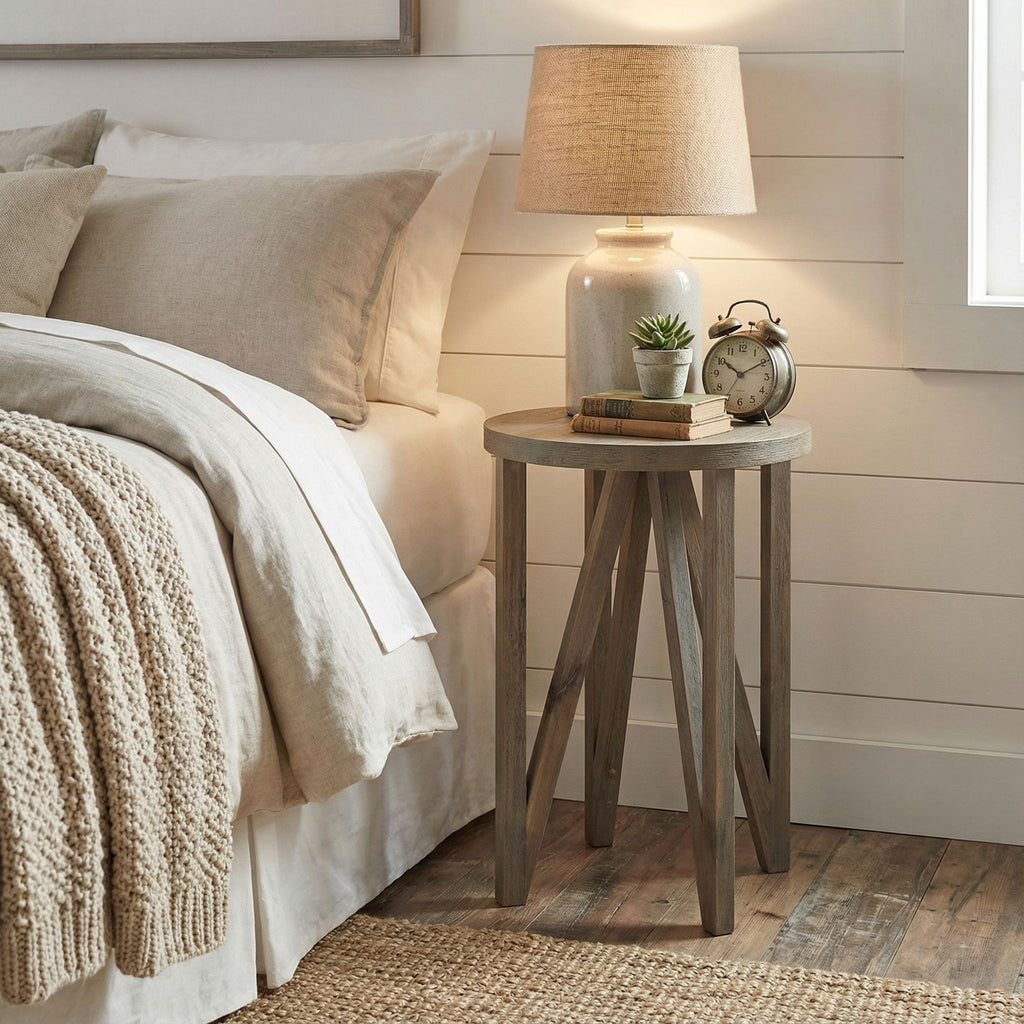 Tobin  Accent Table in Solid Wood with Farmhouse Grey Wire Brushed Finish, Small 15" Round