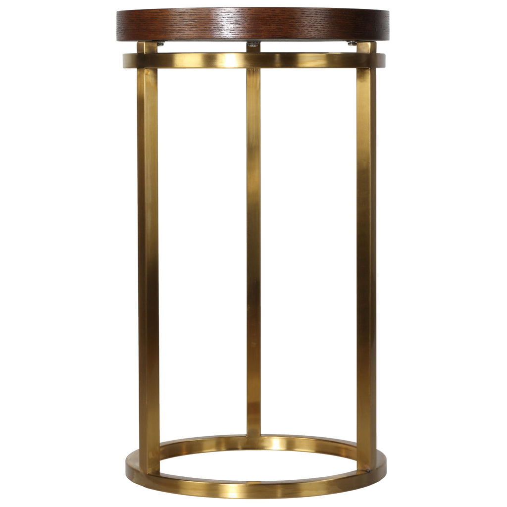 Cortesi Home Kufu Round Side Table in Gold Stainless Steel and Wood Top, 14" Round
