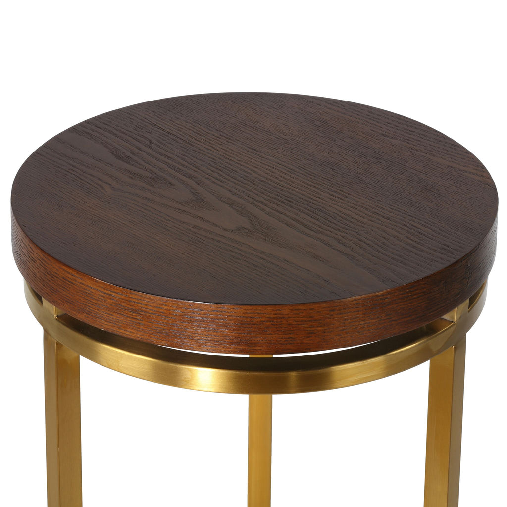 Cortesi Home Kufu Round Side Table in Gold Stainless Steel and Wood Top, 14" Round