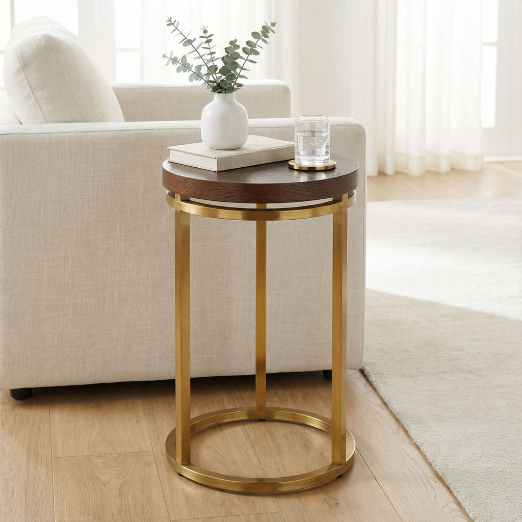 Cortesi Home Kufu Round Side Table in Gold Stainless Steel and Wood Top, 14" Round
