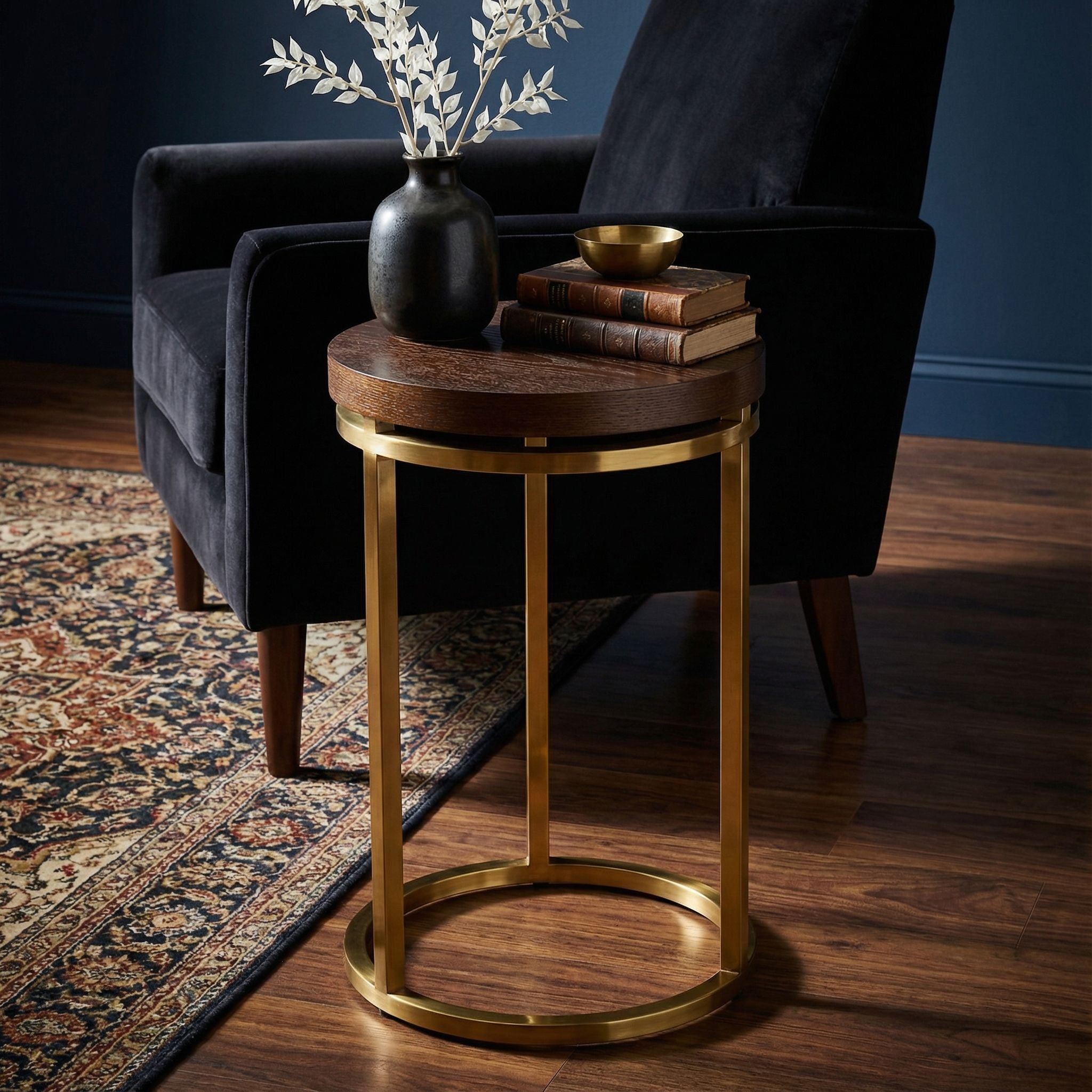 Cortesi Home Kufu Round Side Table in Gold Stainless Steel and Wood Top, 14" Round