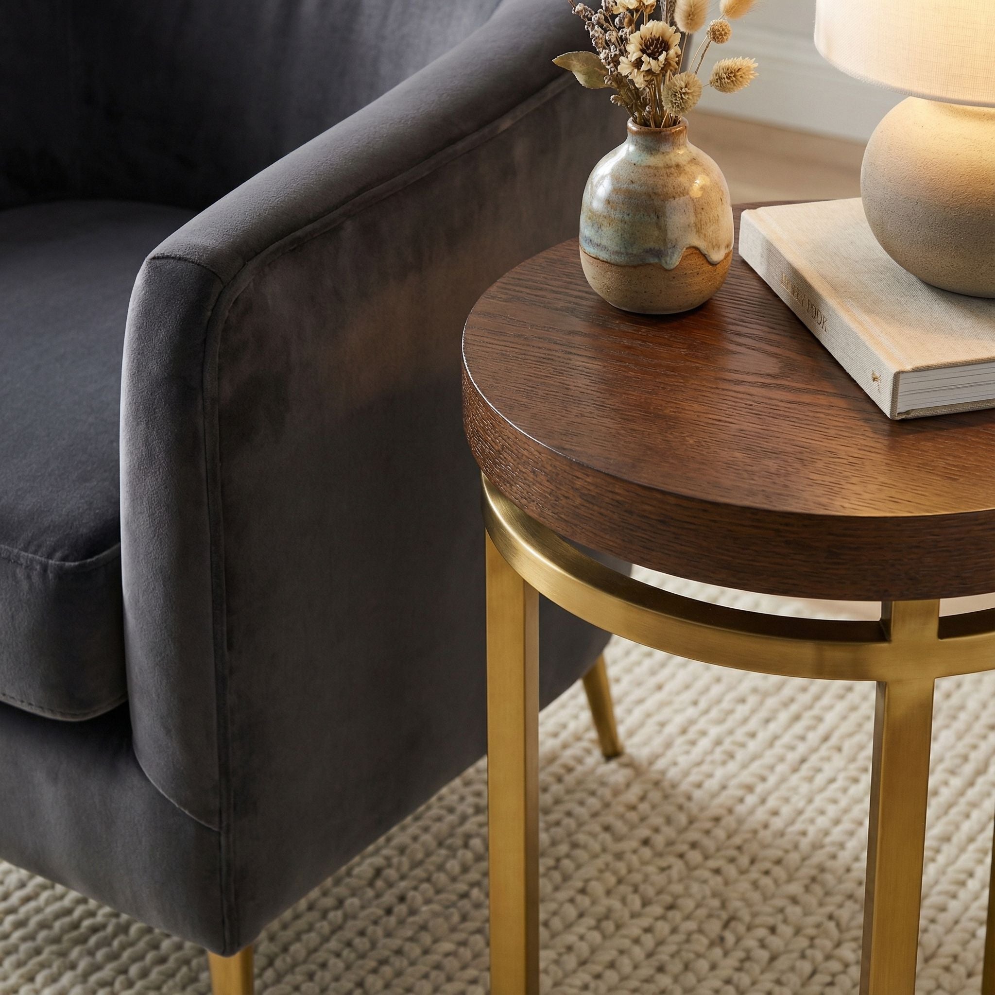 Cortesi Home Kufu Round Side Table in Gold Stainless Steel and Wood Top, 14" Round